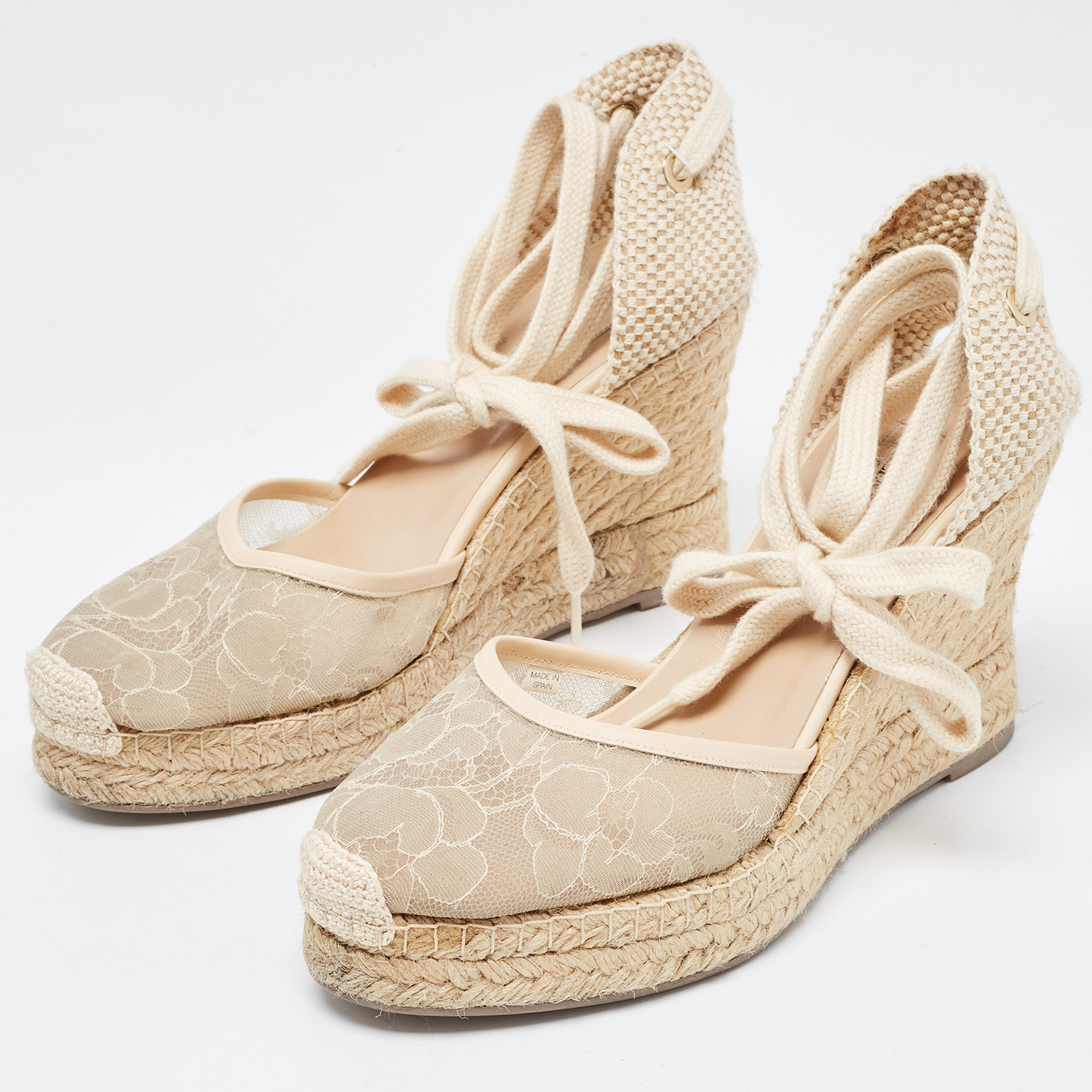

Valentino Beige Lace and Knit Fabric Espadrille Wedge Ankle Tie Pumps Size