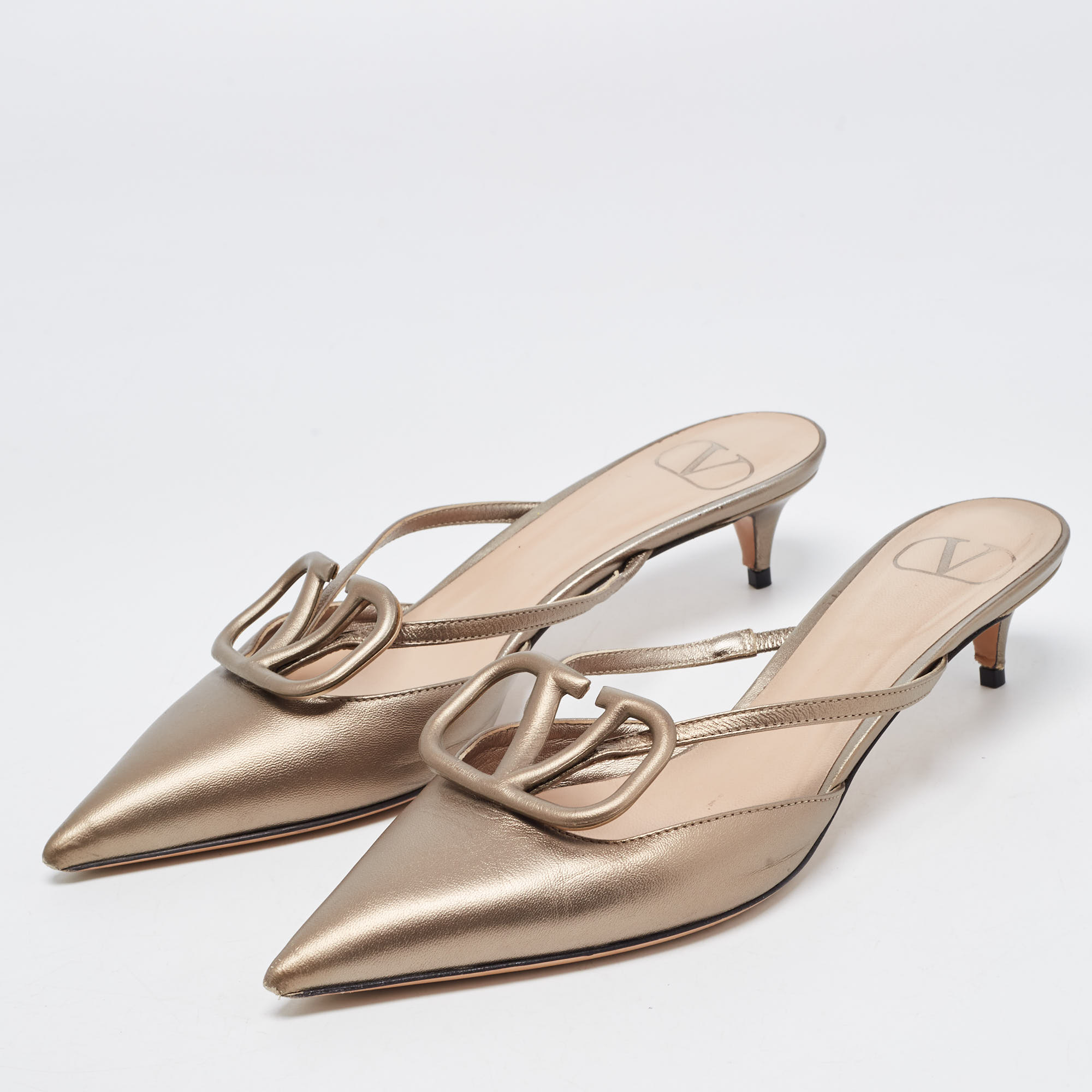 

Valentino Metallic Leather V LOGO Mules Size