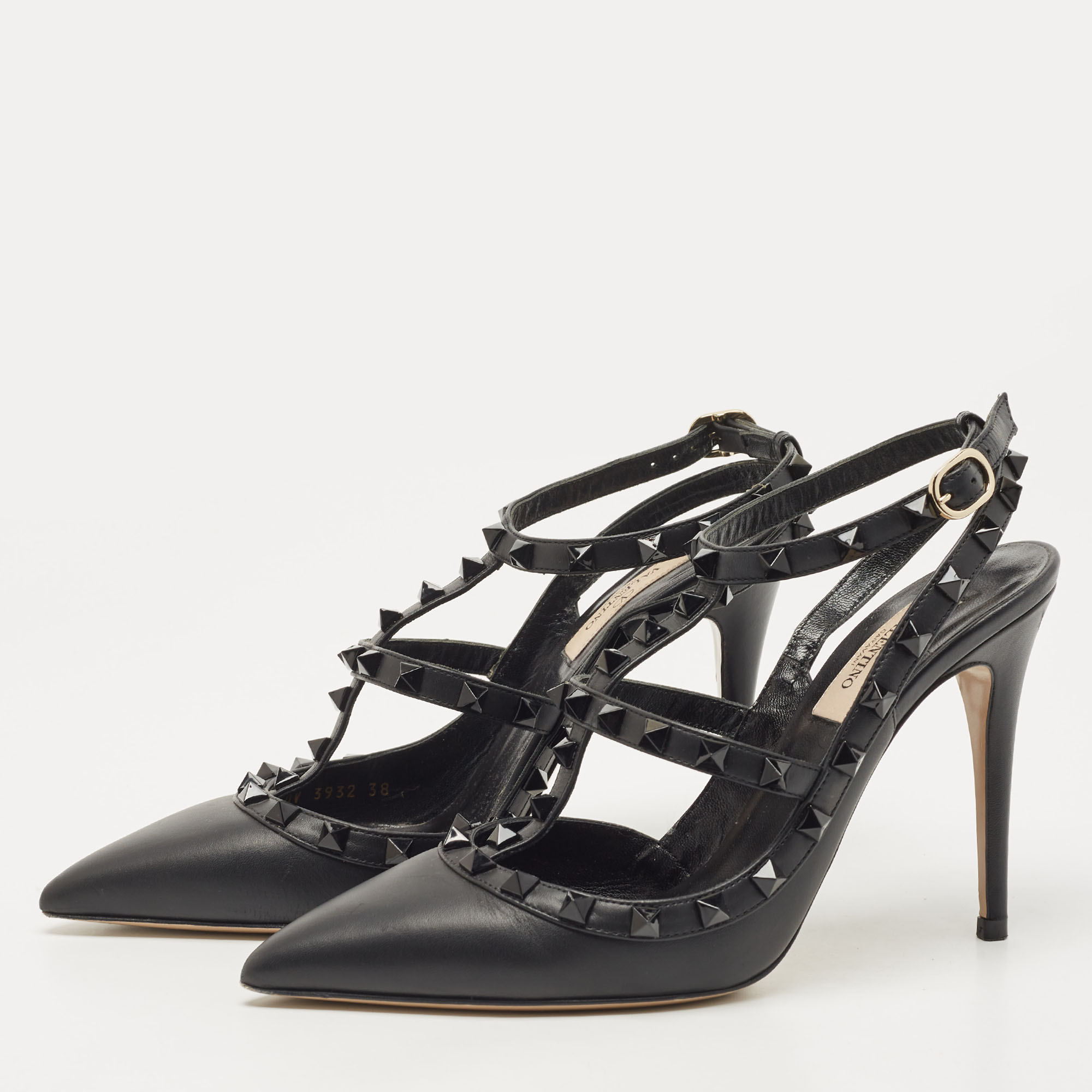 

Valentino Black Leather Rockstud Ankle Strap Pumps Size