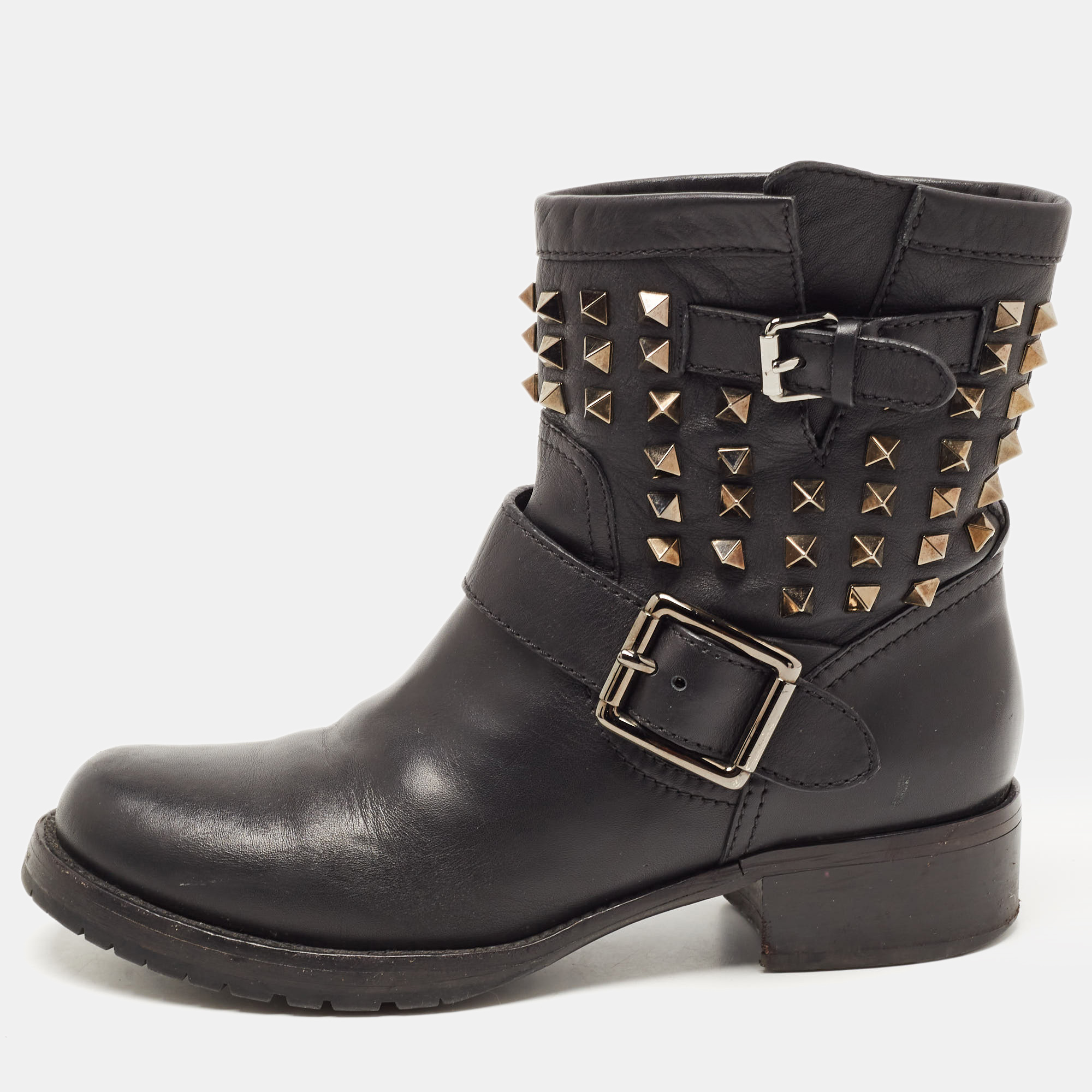 Pre-owned Valentino Garavani Black Leather Rockstud Ankle Boots Size 37