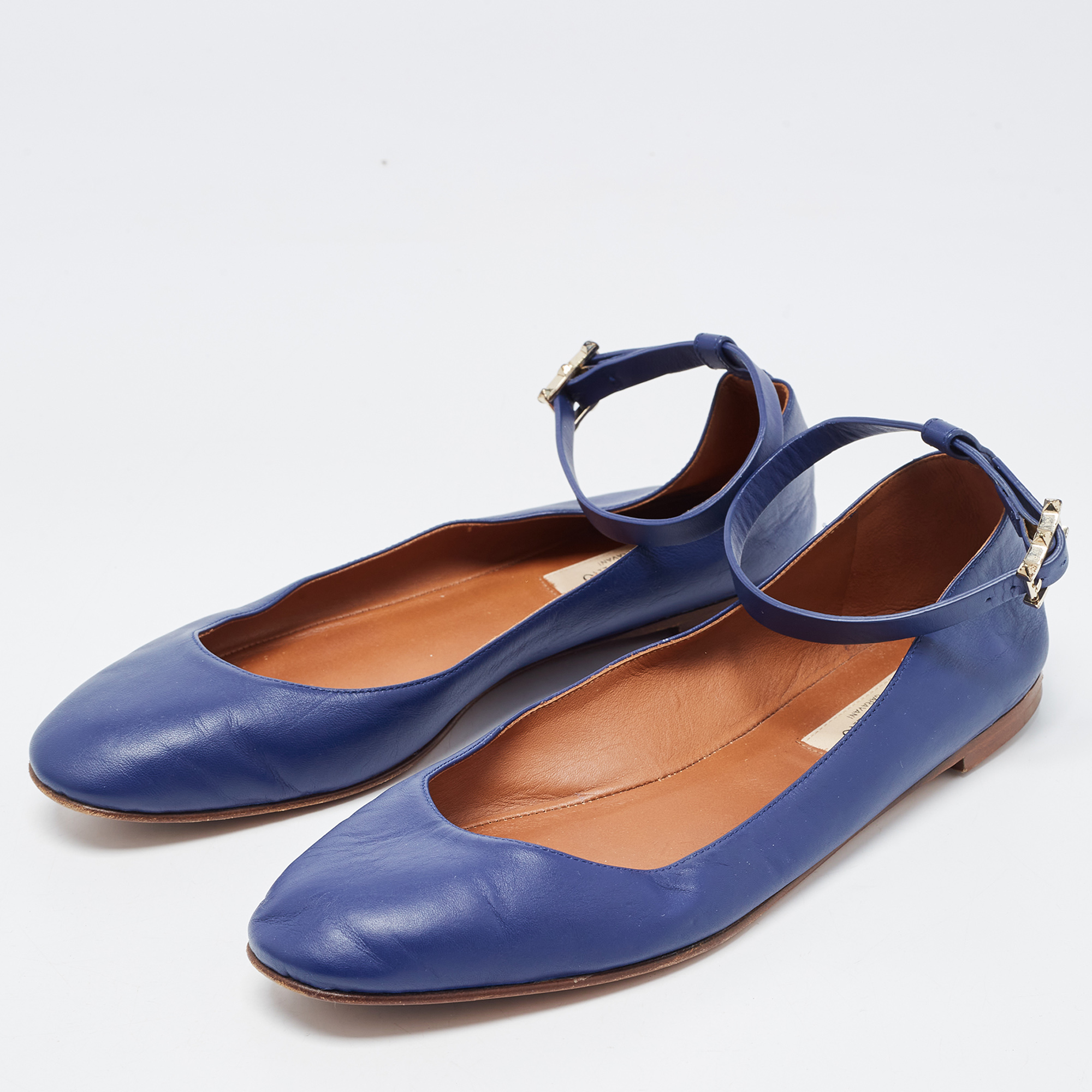 

Valentino Blue Leather Tan-Go Ballet Flats Size