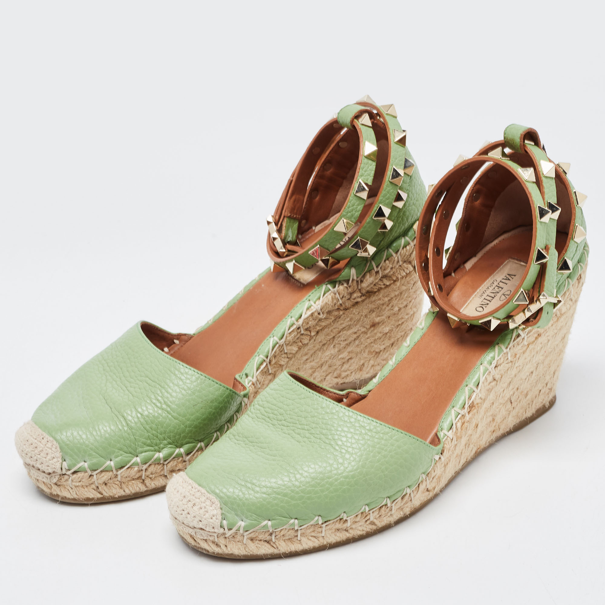 

Valentino Green Leather Rockstud Ankle Wrap Wedge Espadrilles Size