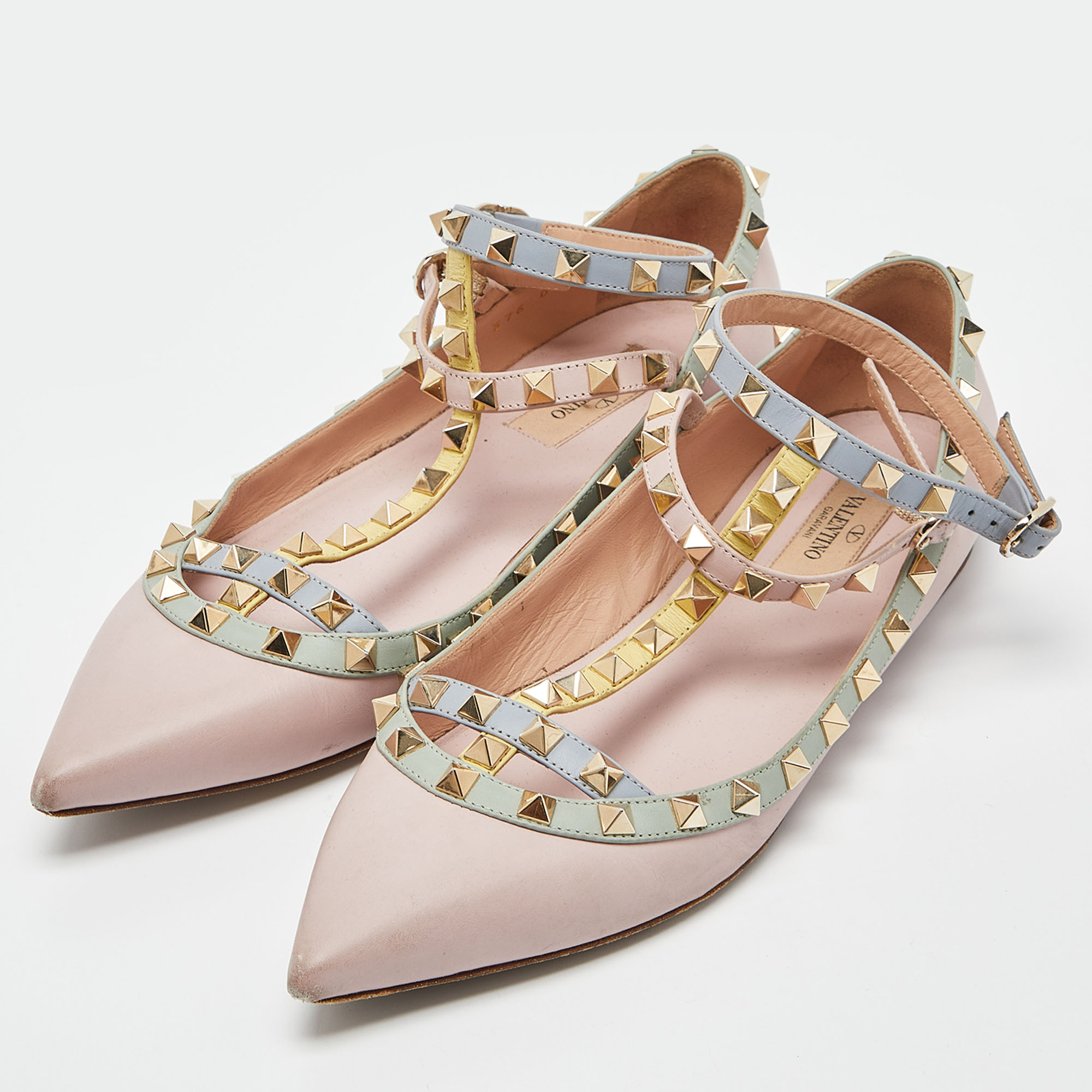 

Valentino Multicolor Leather Rockstud Ankle-Strap Ballet Flats Size