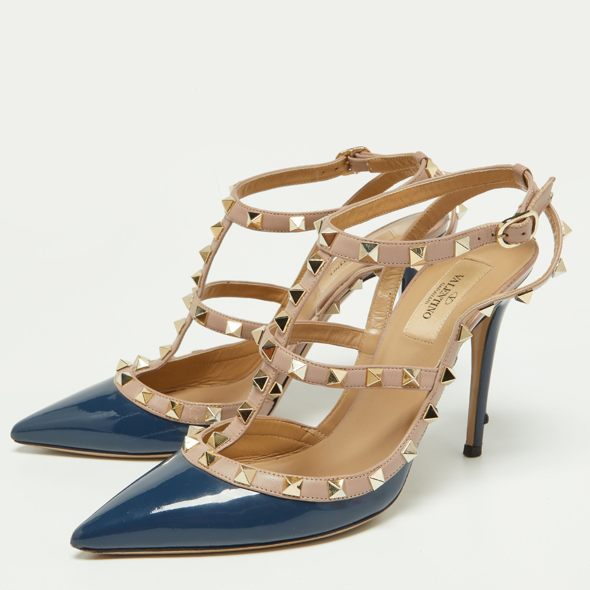 

Valentino Blue/Pink Patent and Leather Caged Rockstud Ankle Strap Pumps Size