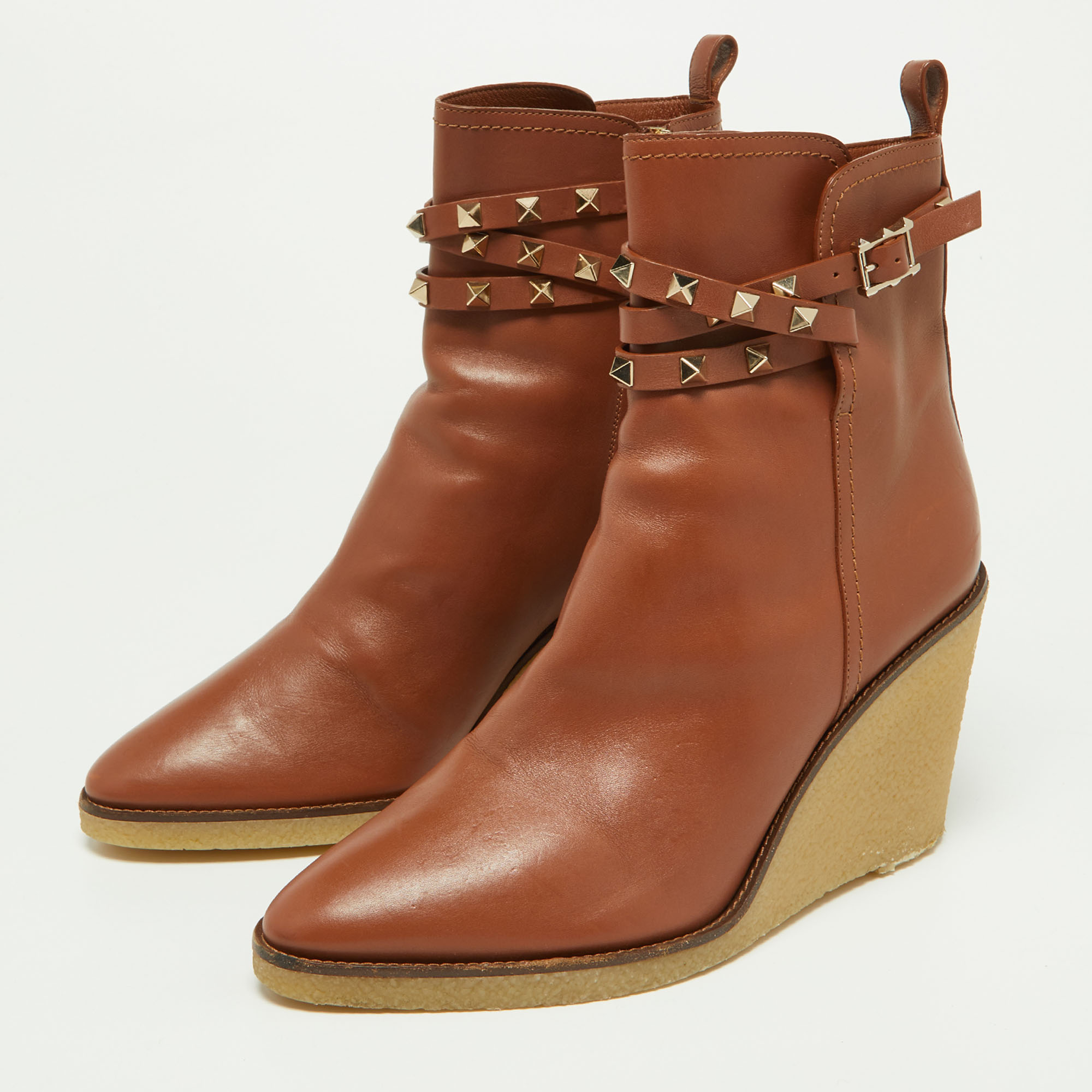 

Valentino Brown Leather Rockstud Wedge Ankle Boots Size