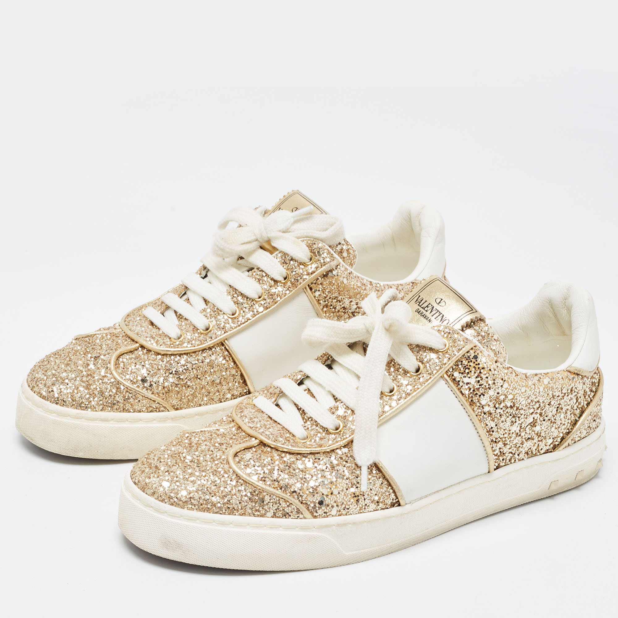 

Valentino Gold/White Glitter and Leather Low Top Sneakers Size, Metallic