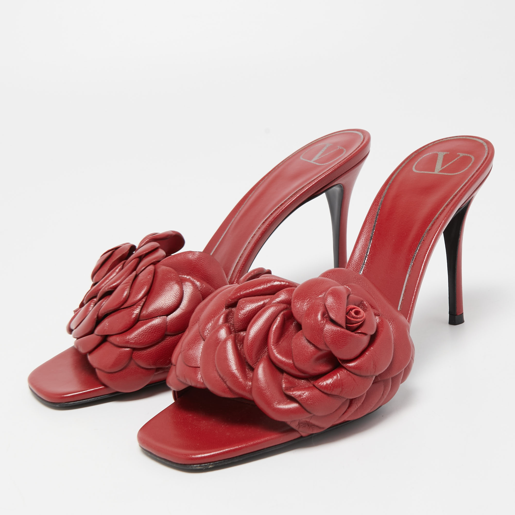

Valentino Dark Red Leather Rose Atelier Slide Sandals Size