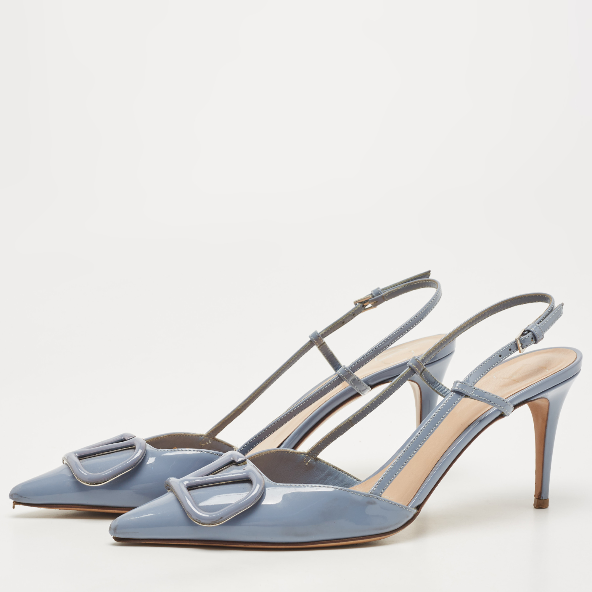 

Valentino Blue Patent Roman Pointed Toe Slingback Pumps Size