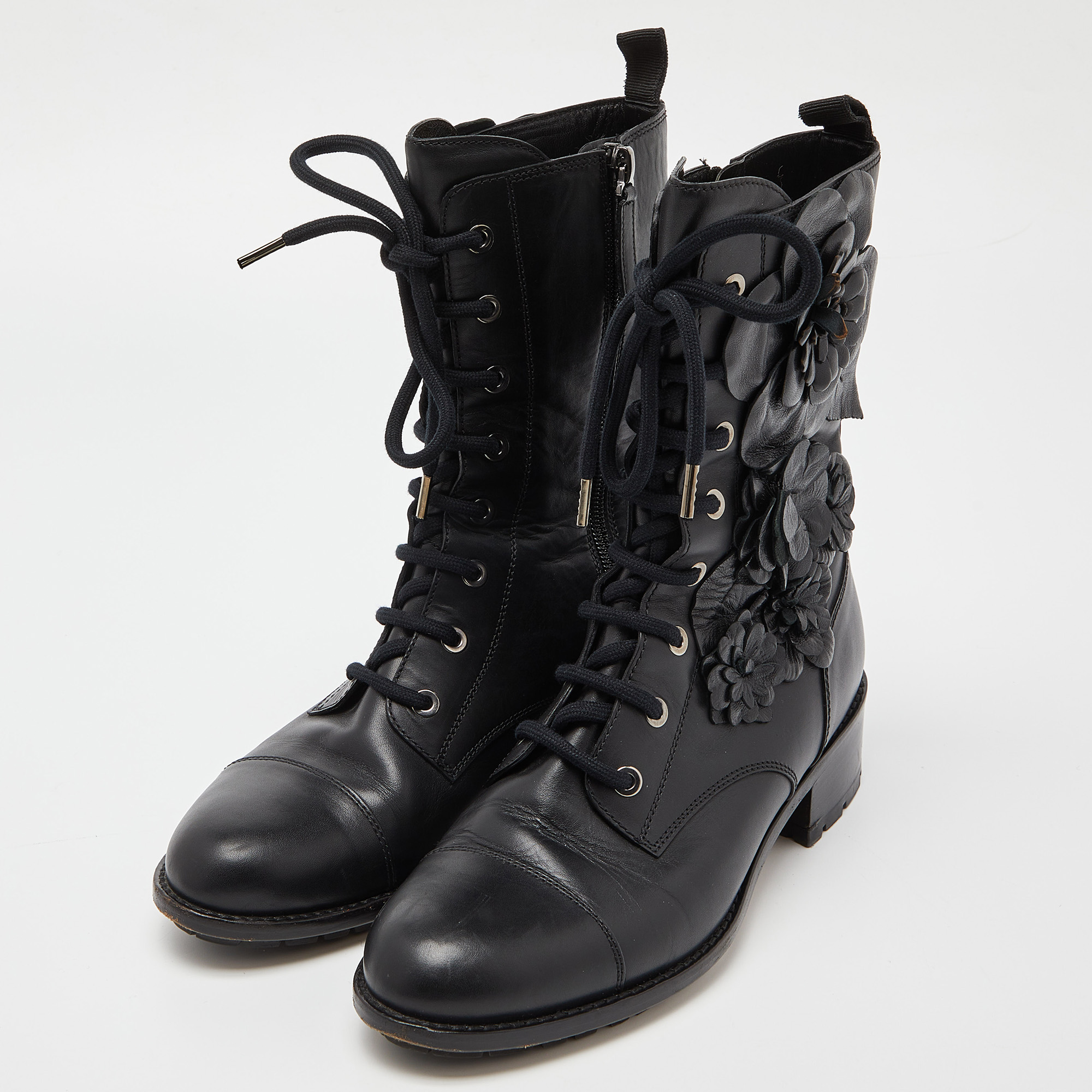 

Valentino Black Leather Floral Applique Combat Boots Size
