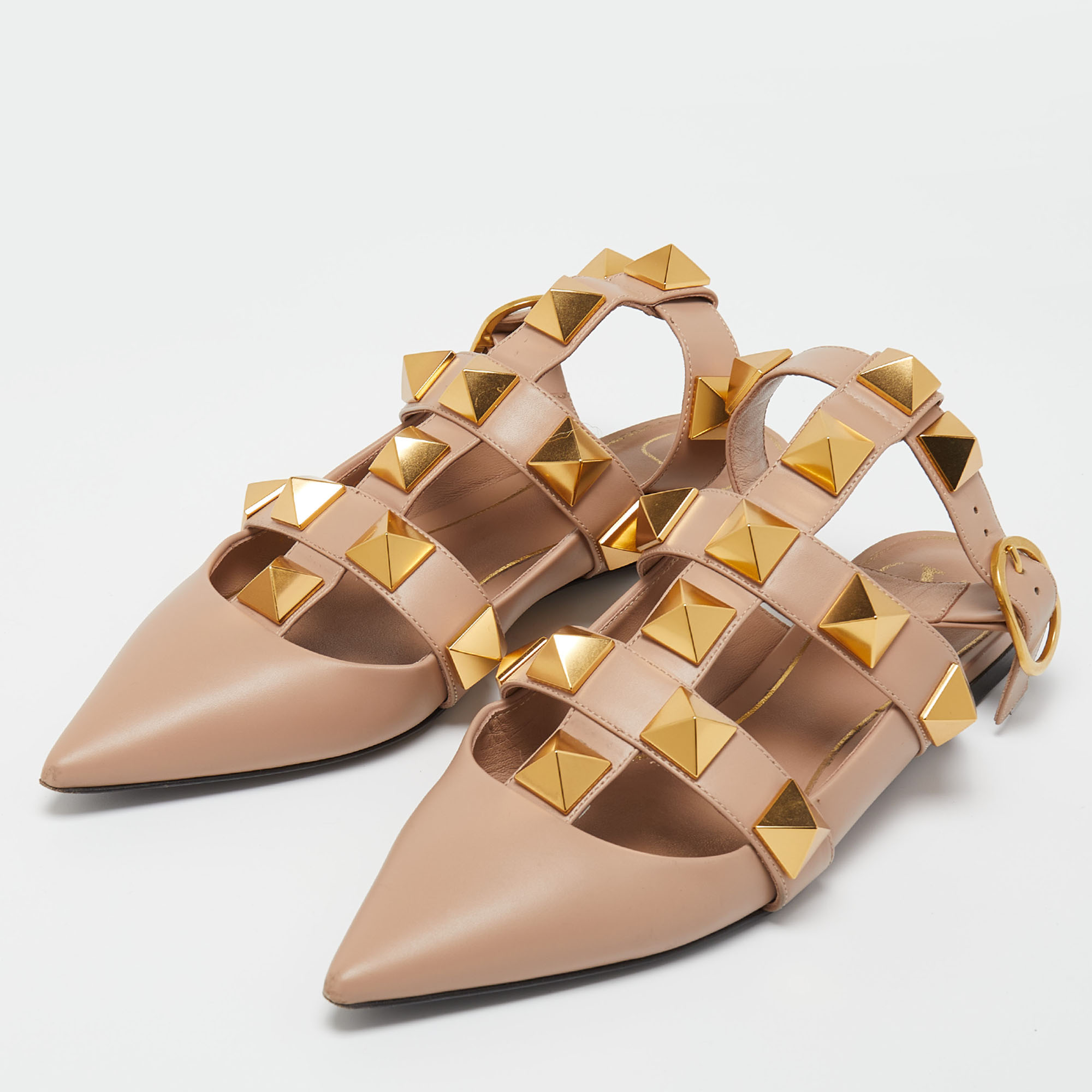 

Valentino Beige Leather Roman Stud Flat Mules Size