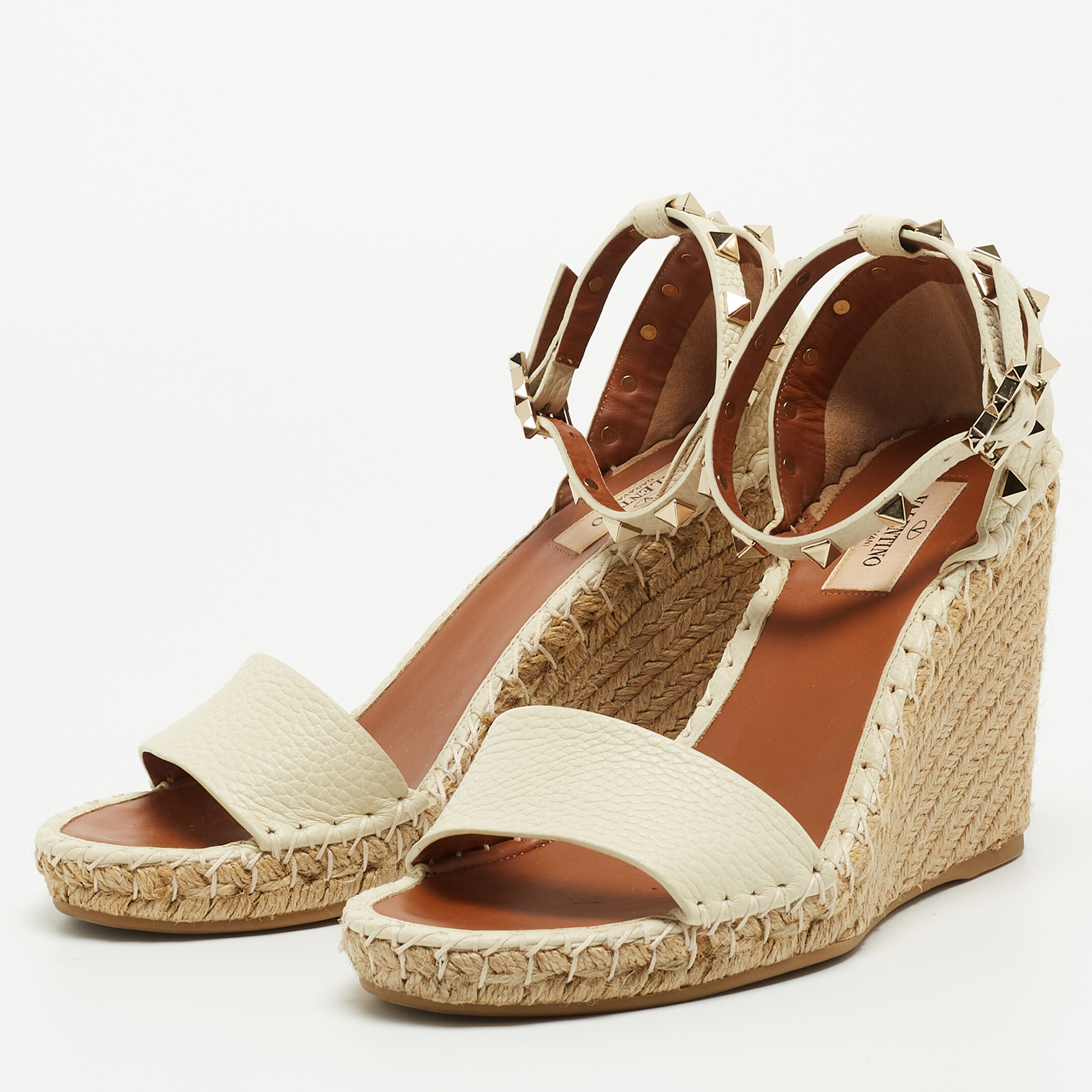 

Valentino Off-White Leather Rockstud Espadrille Wedge Sandals Size