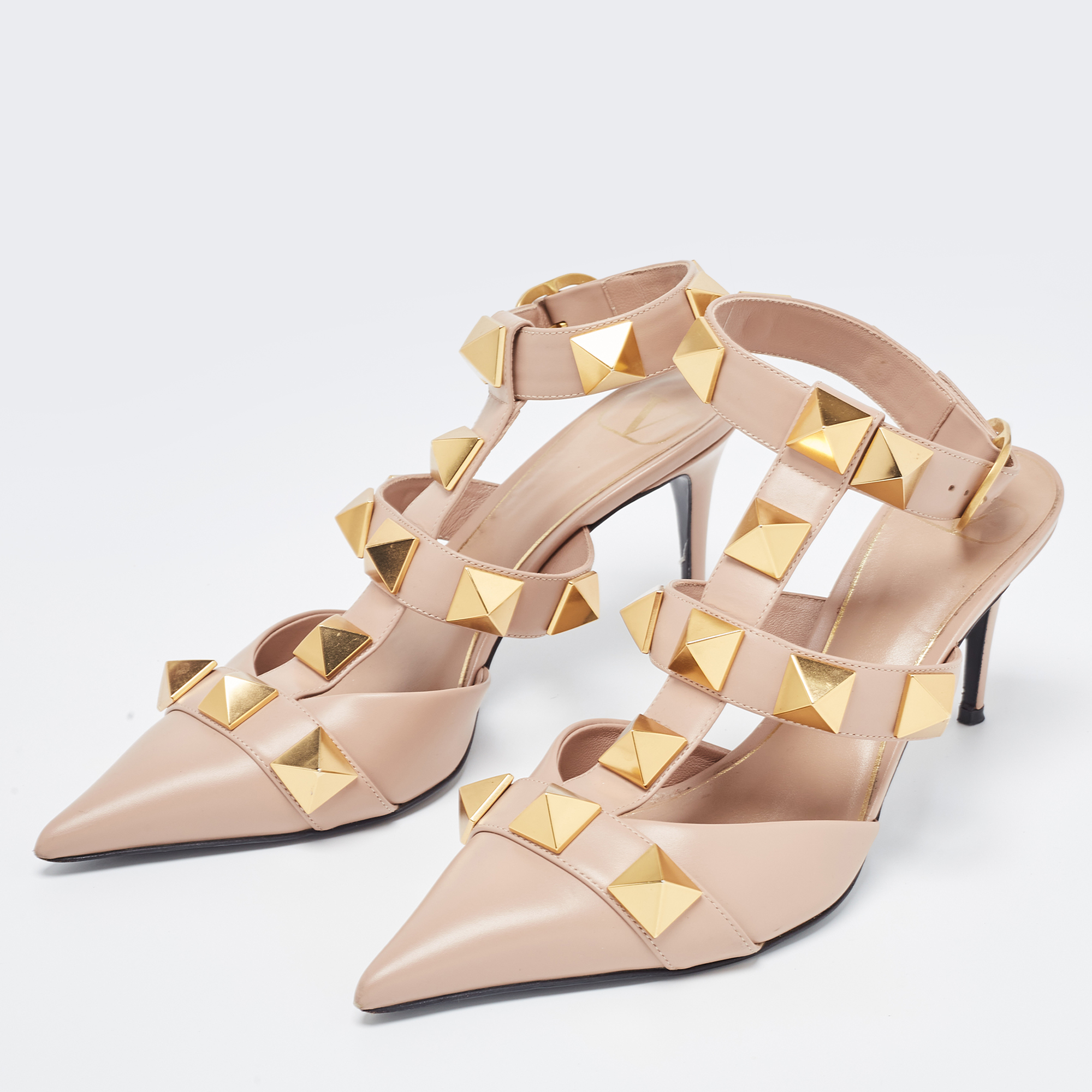 

Valentino Beige Leather Roman Stud Ankle Strap Pumps Size