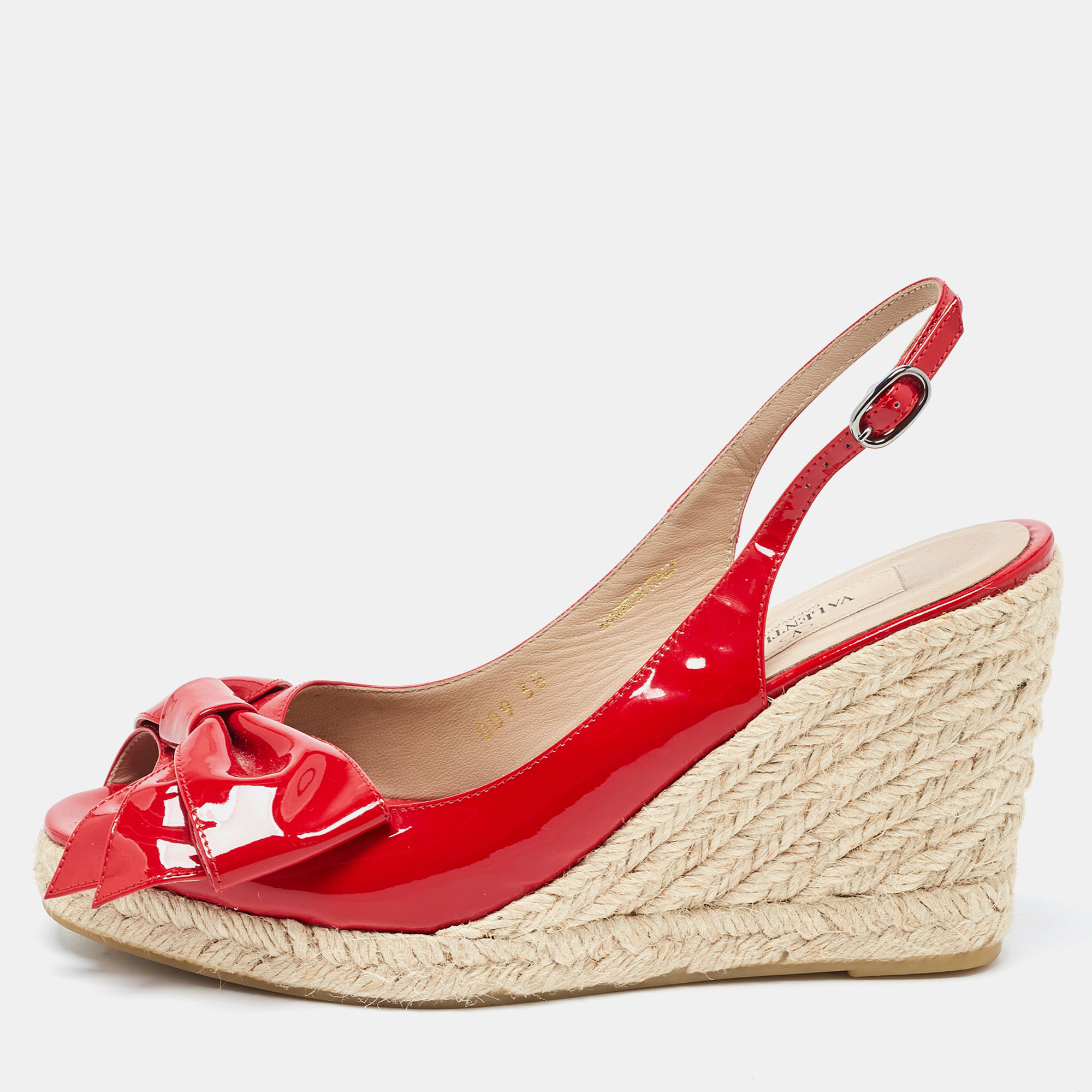 Pre-owned Valentino Garavani Red Patent Leather Mena Bow Peep Toe Espadrille Wedge Slingback Sandals Size 38
