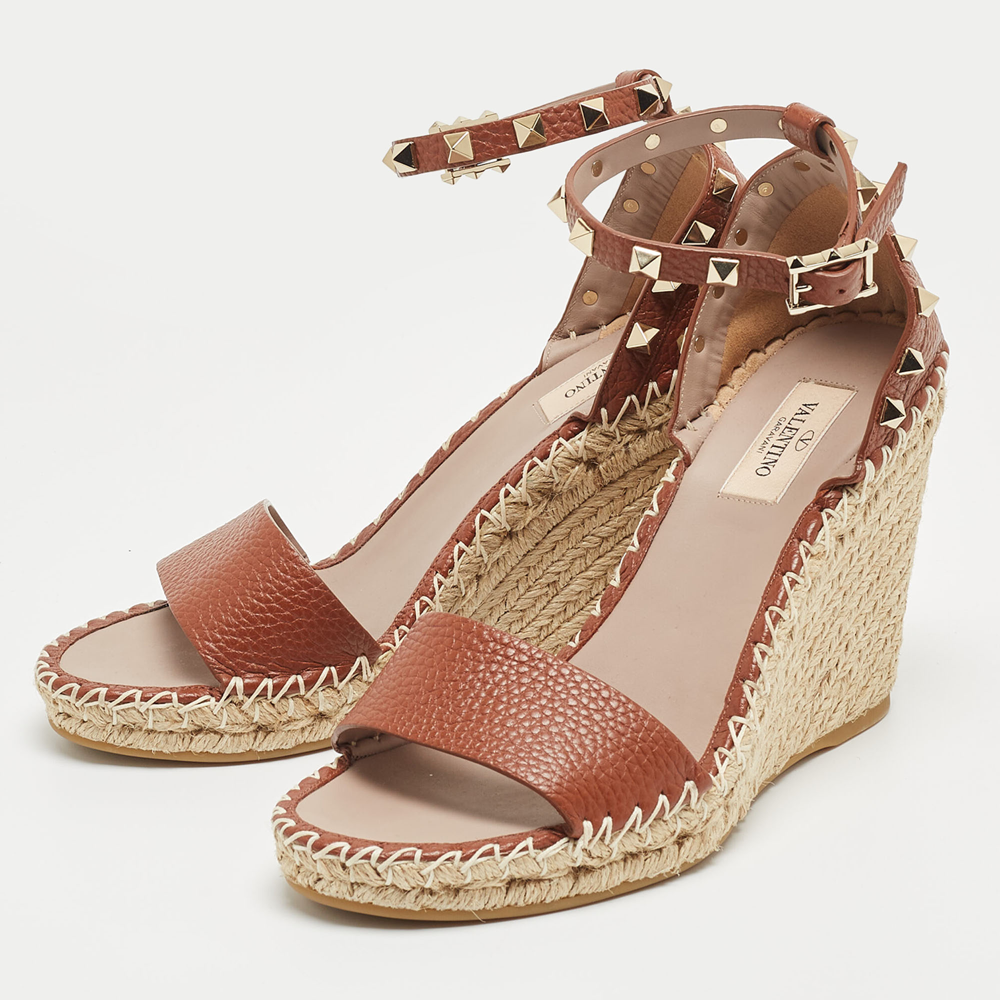 

Valentino Brown Leather Rockstud Wedge Ankle Strap Sandals Size