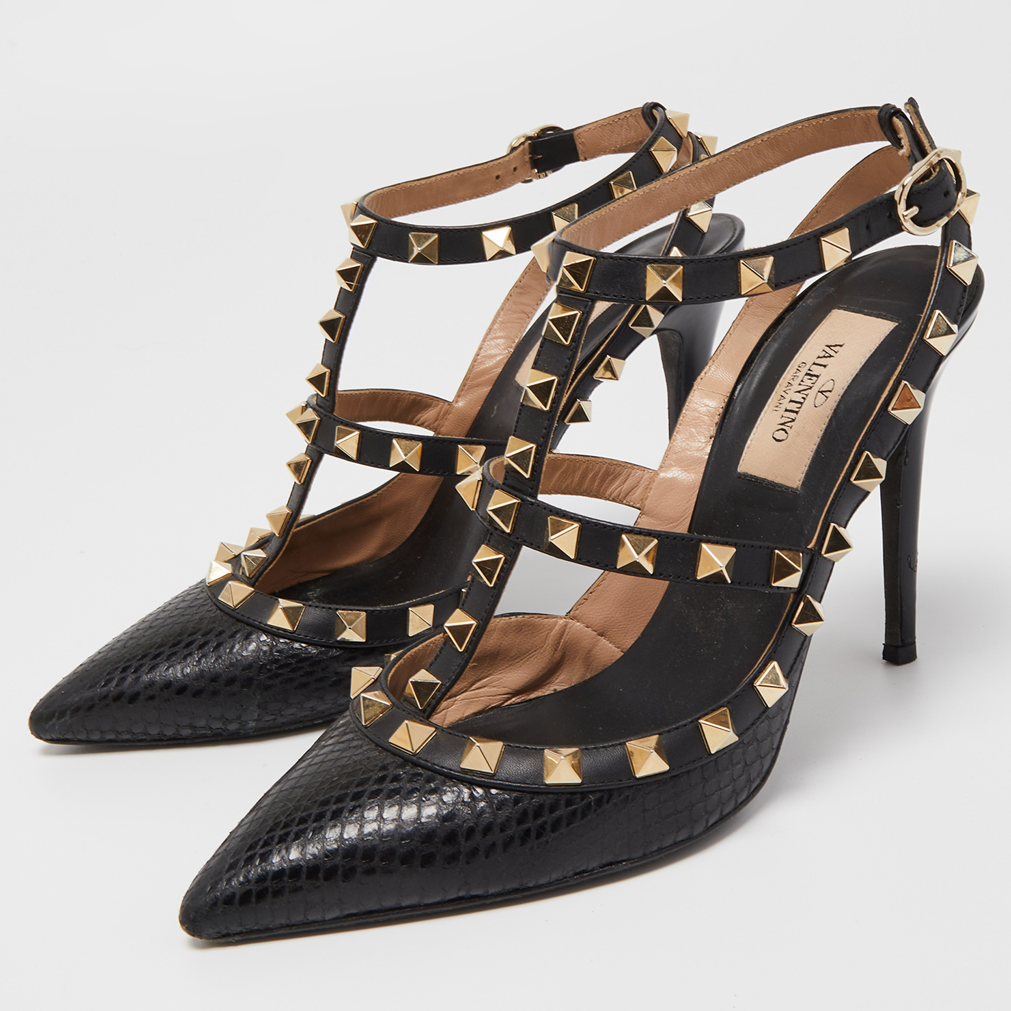 

Valentino Black Snakeskin Rockstud Ankle Strap Pumps Size