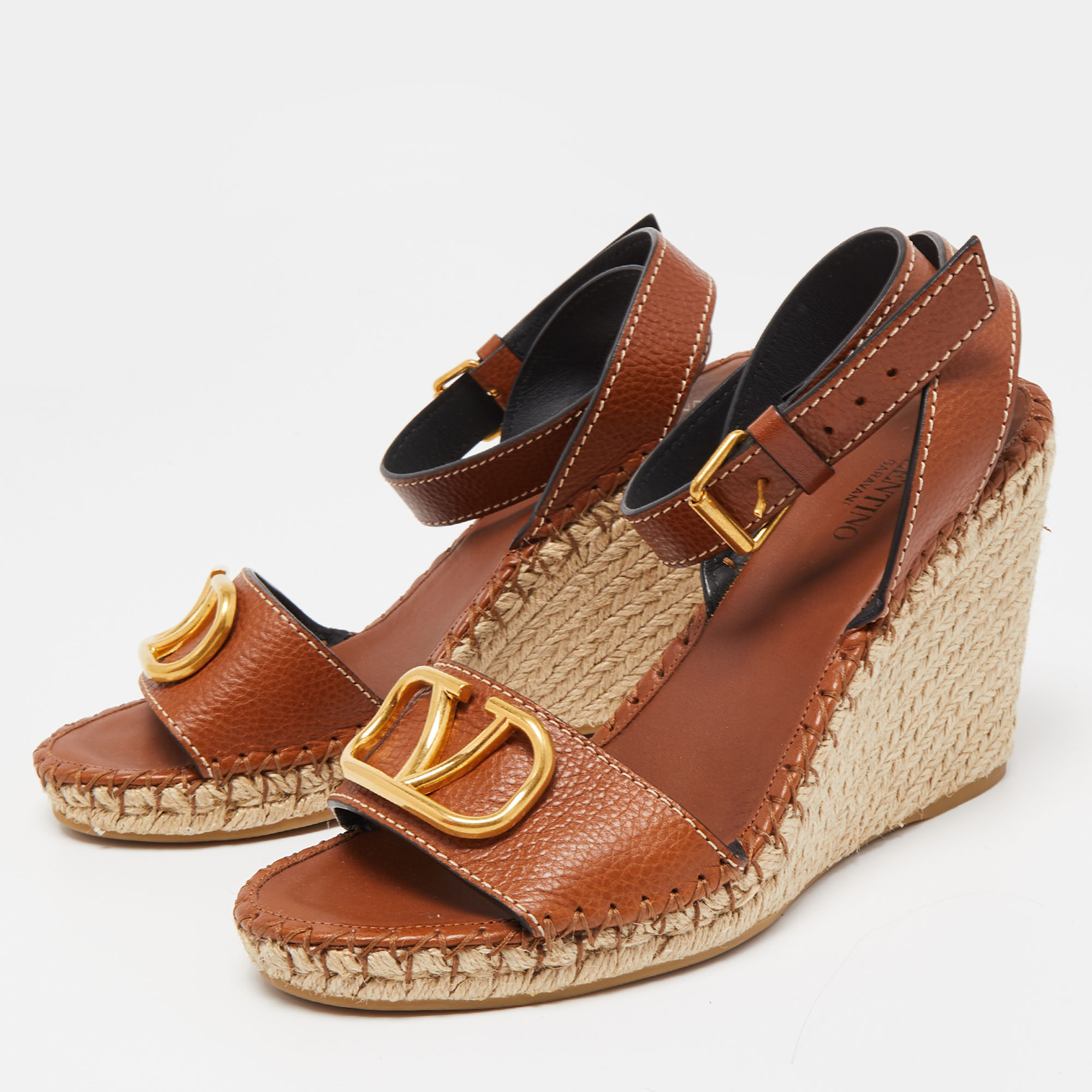 

Valentino Brown Leather Escape V logo Wedge Sandals Size