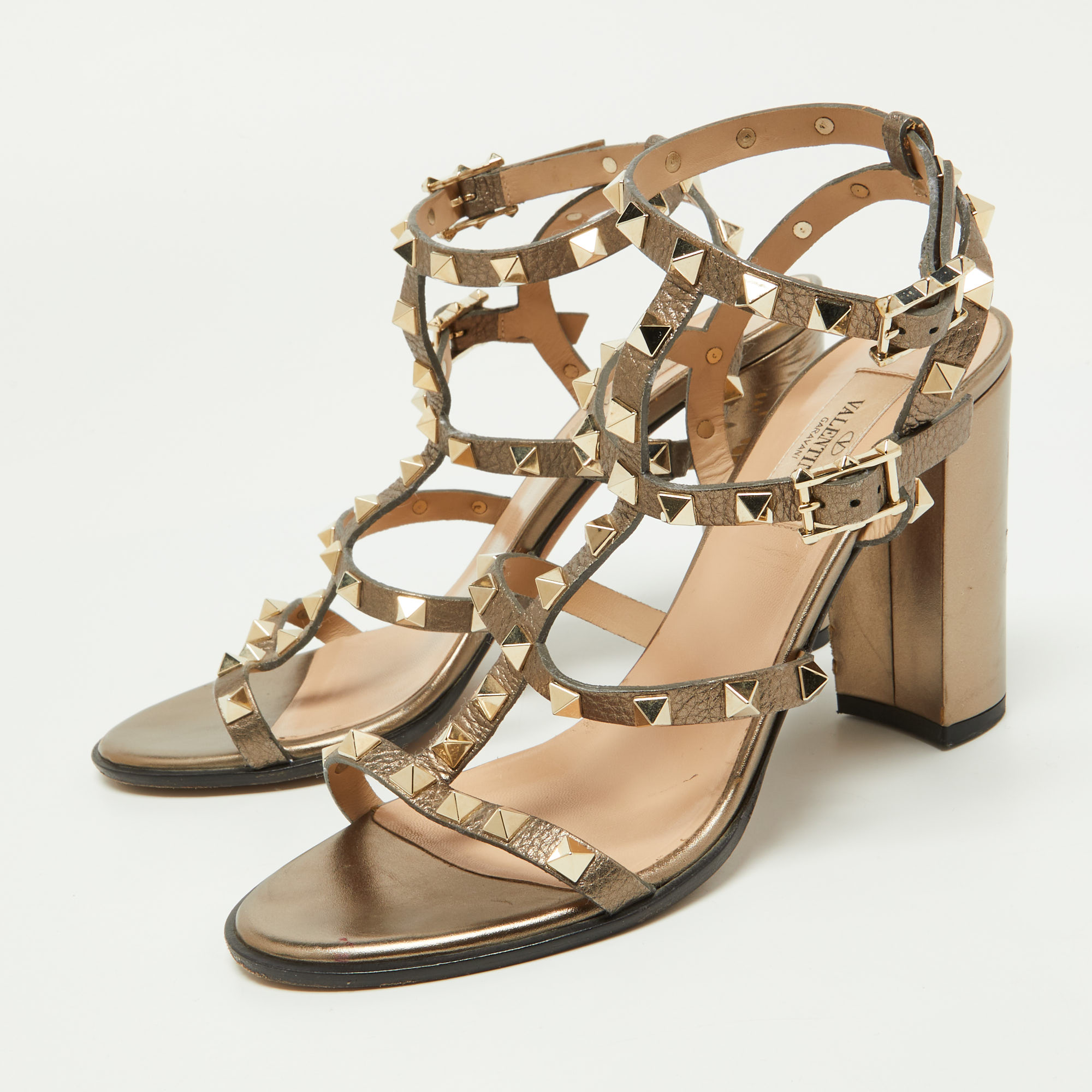 

Valentino Metallic Grey Leather Rockstud Ankle Strap Sandals Size