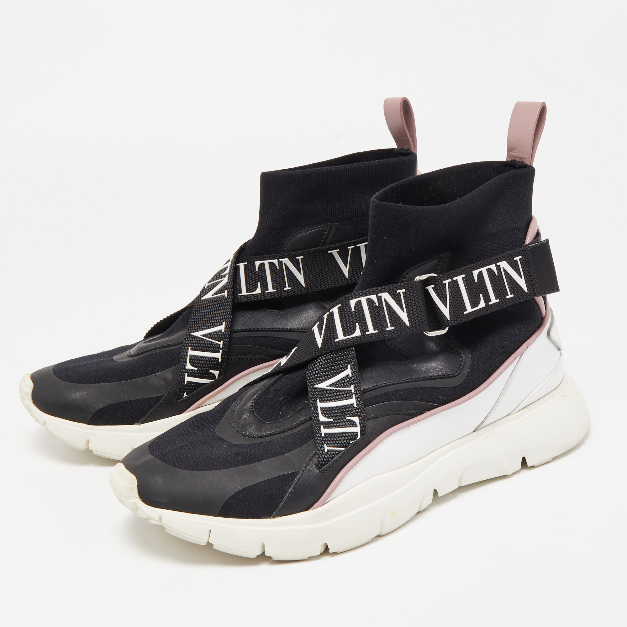 

Valentino Black Knit Fabric and Leather VLTN High Top Sneakers Size