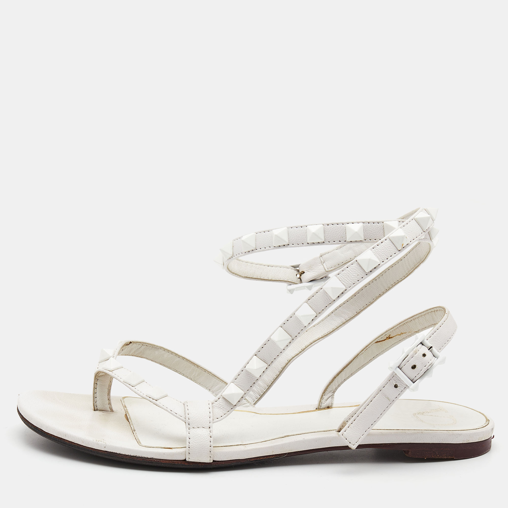 

Valentino White Leather Rockstud Ankle Strap Flat Sandals Size