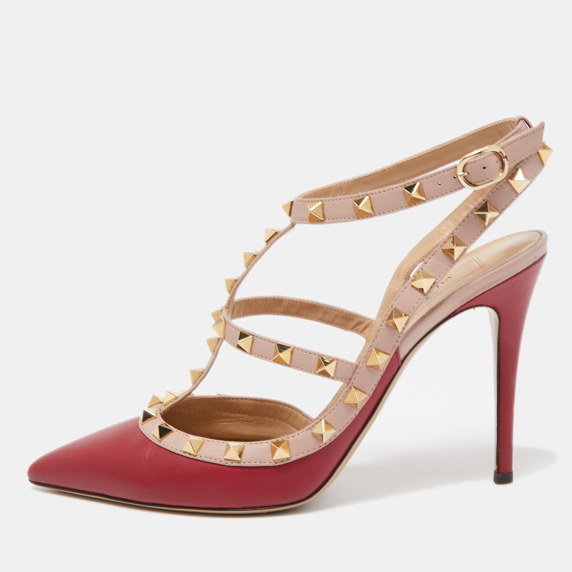 

Valentino Red/Beige Leather Rockstud Strappy Pointed Toe Pumps Size