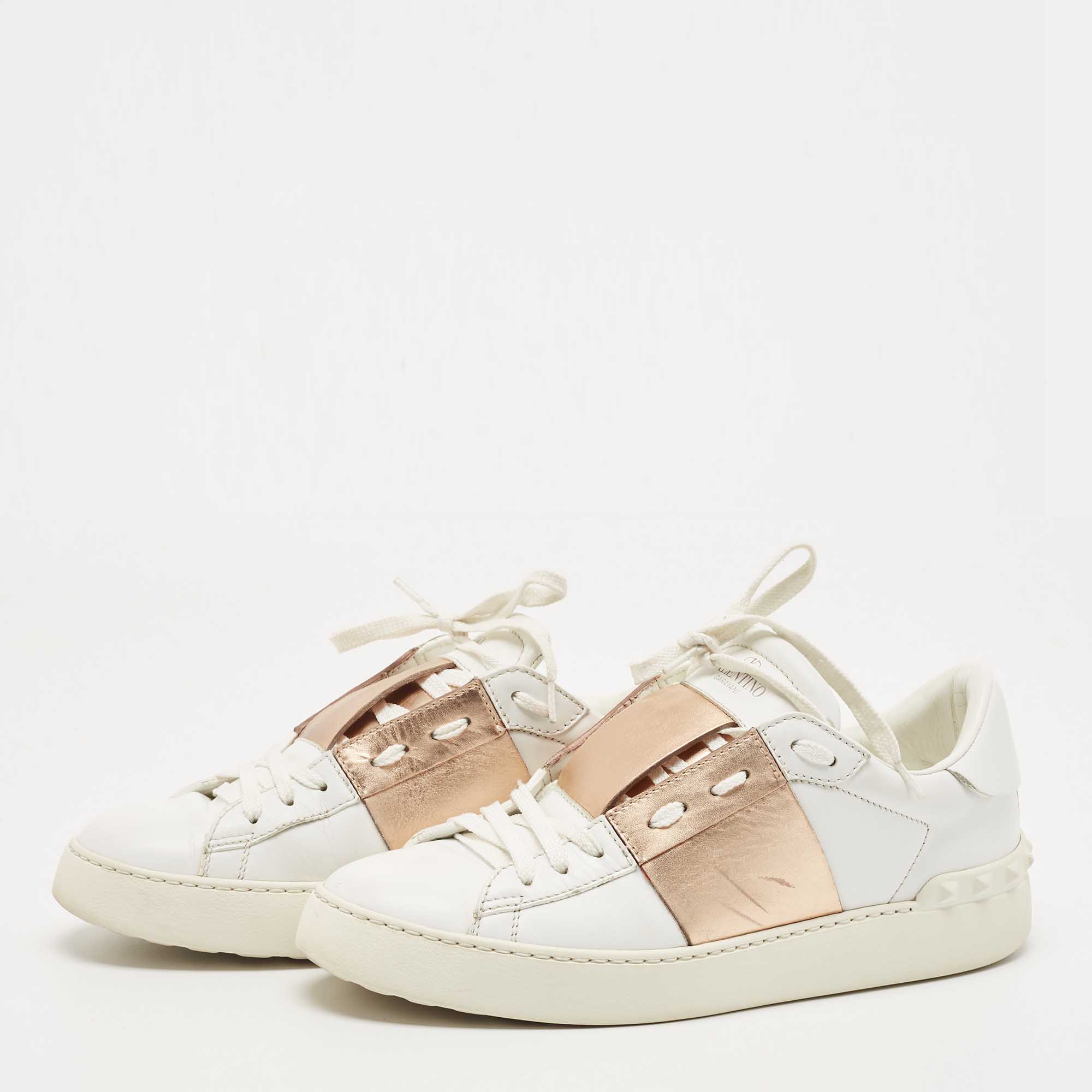 

Valentino White/Gold Leather Open Low Top Sneakers Size