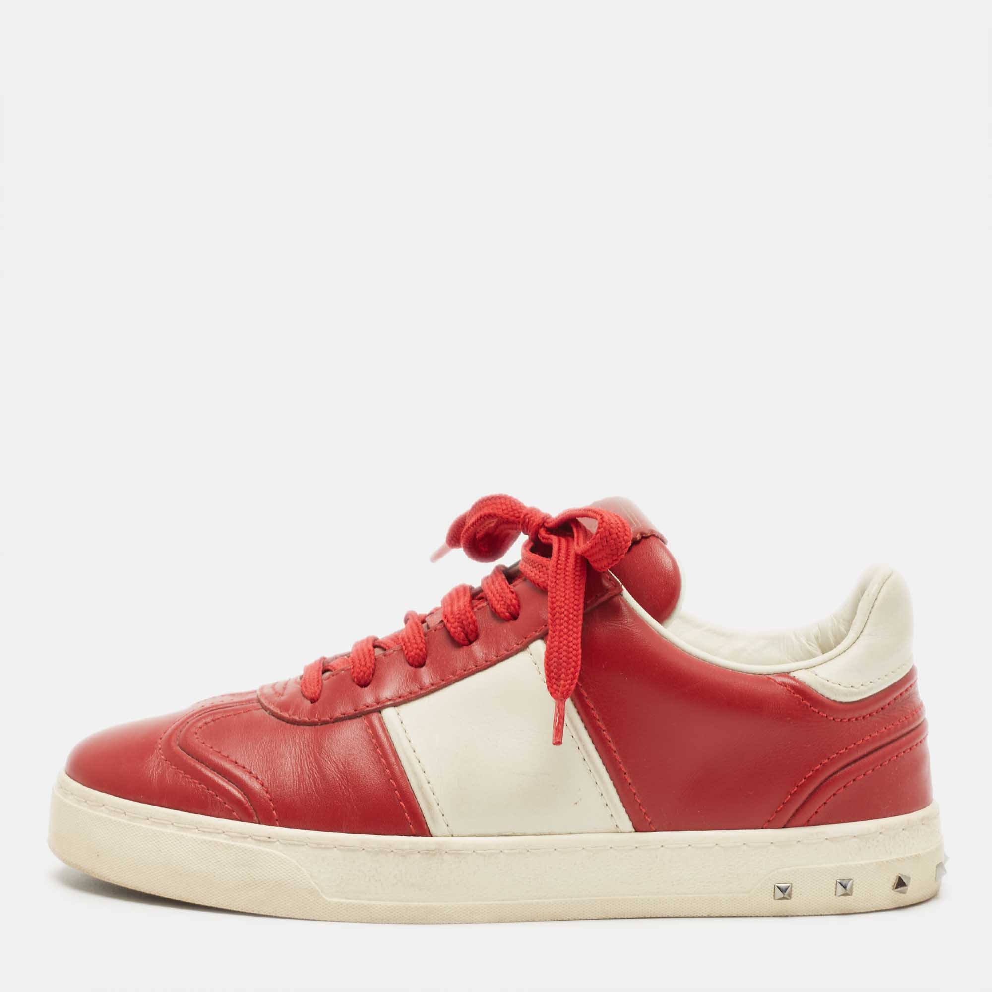 Pre-owned Valentino Garavani Red Leather Fly Crew Low Top Sneakers Size 38.5