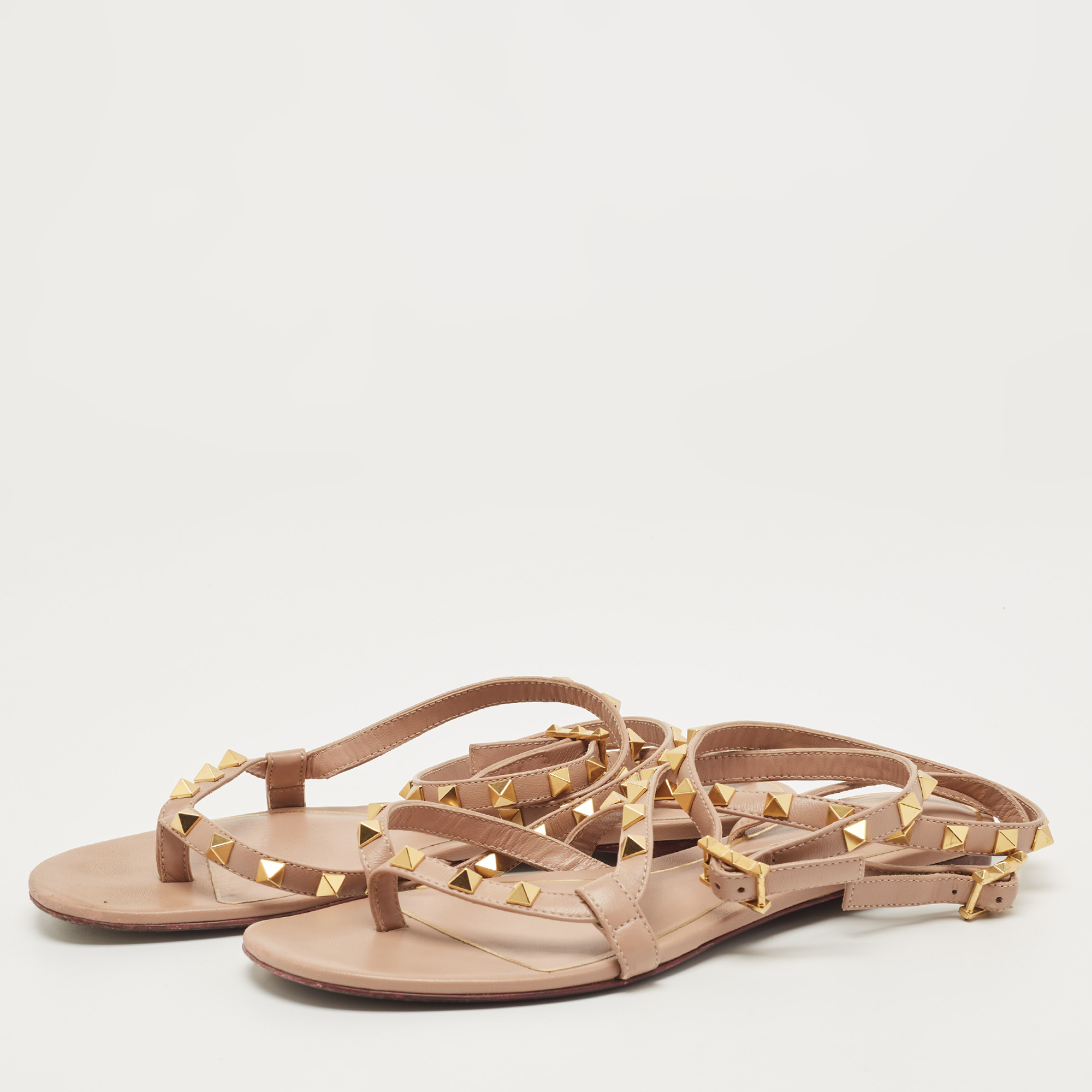

Valentino Beige Leather Rockstud Ankle Strap Flats Size