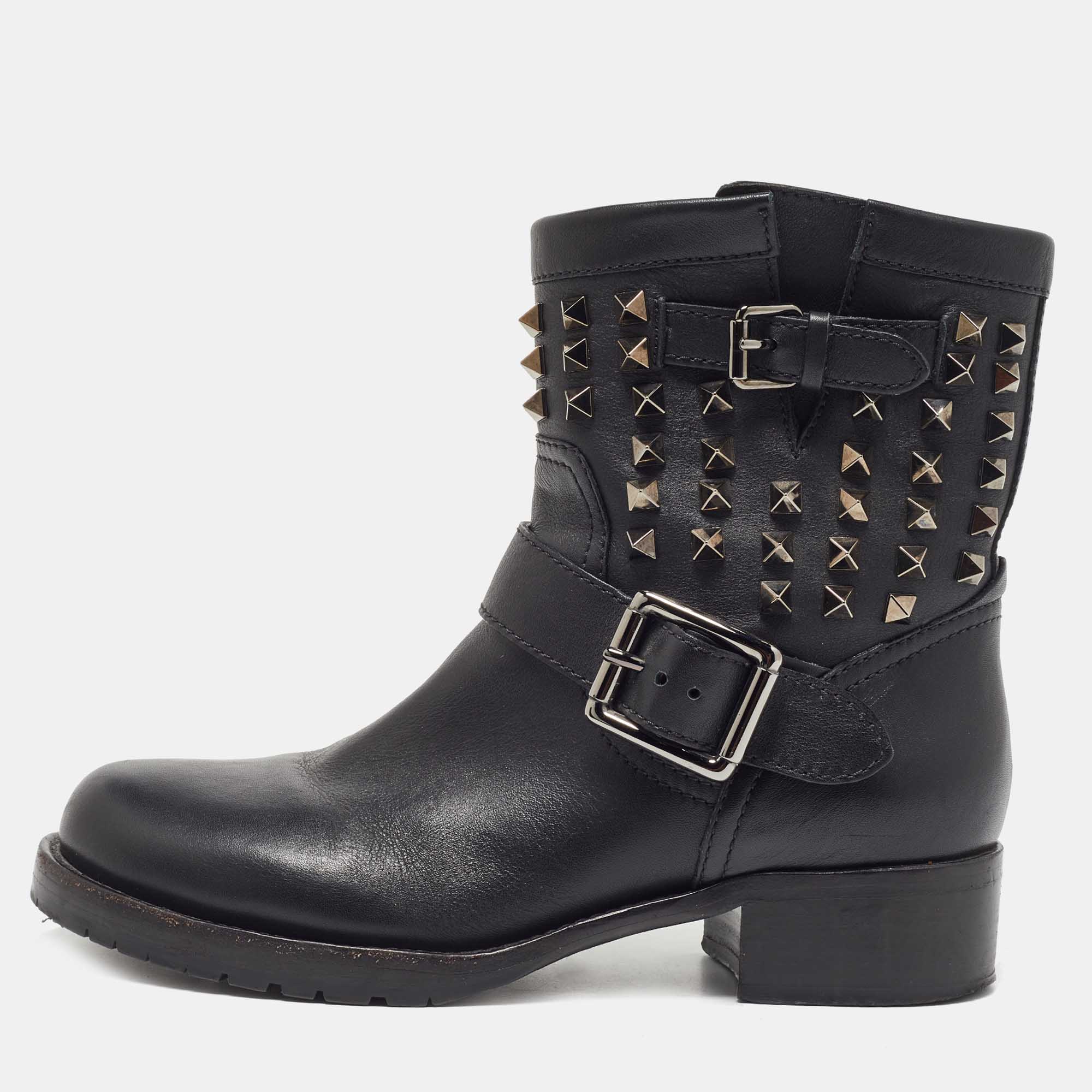 Pre-owned Valentino Garavani Black Leather Rockstud Ankle Boots Size 37