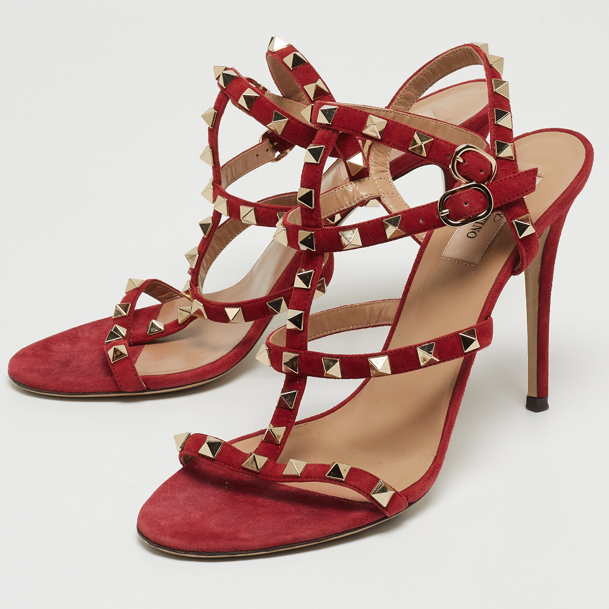 

Valentino Red Suede Rockstud Ankle Strap Sandals Size