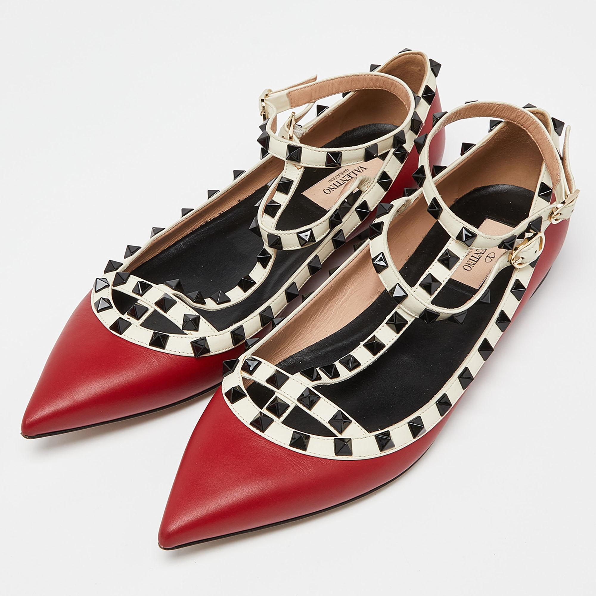 

Valentino Red/Off White Leather Rockstud T Strap Ballet Flats Size