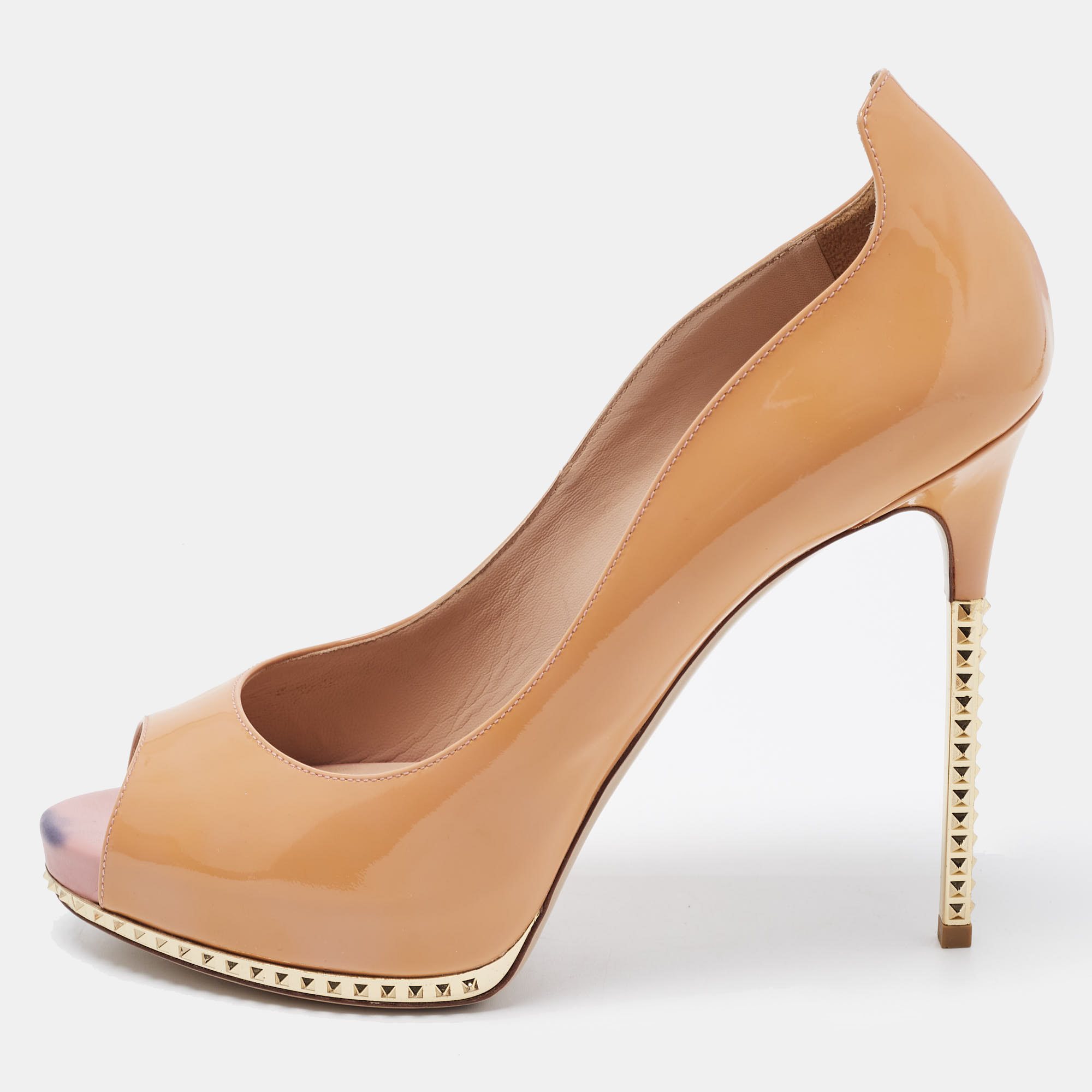 

Valentino Beige Patent Leather Studded Peep Toe Pumps Size