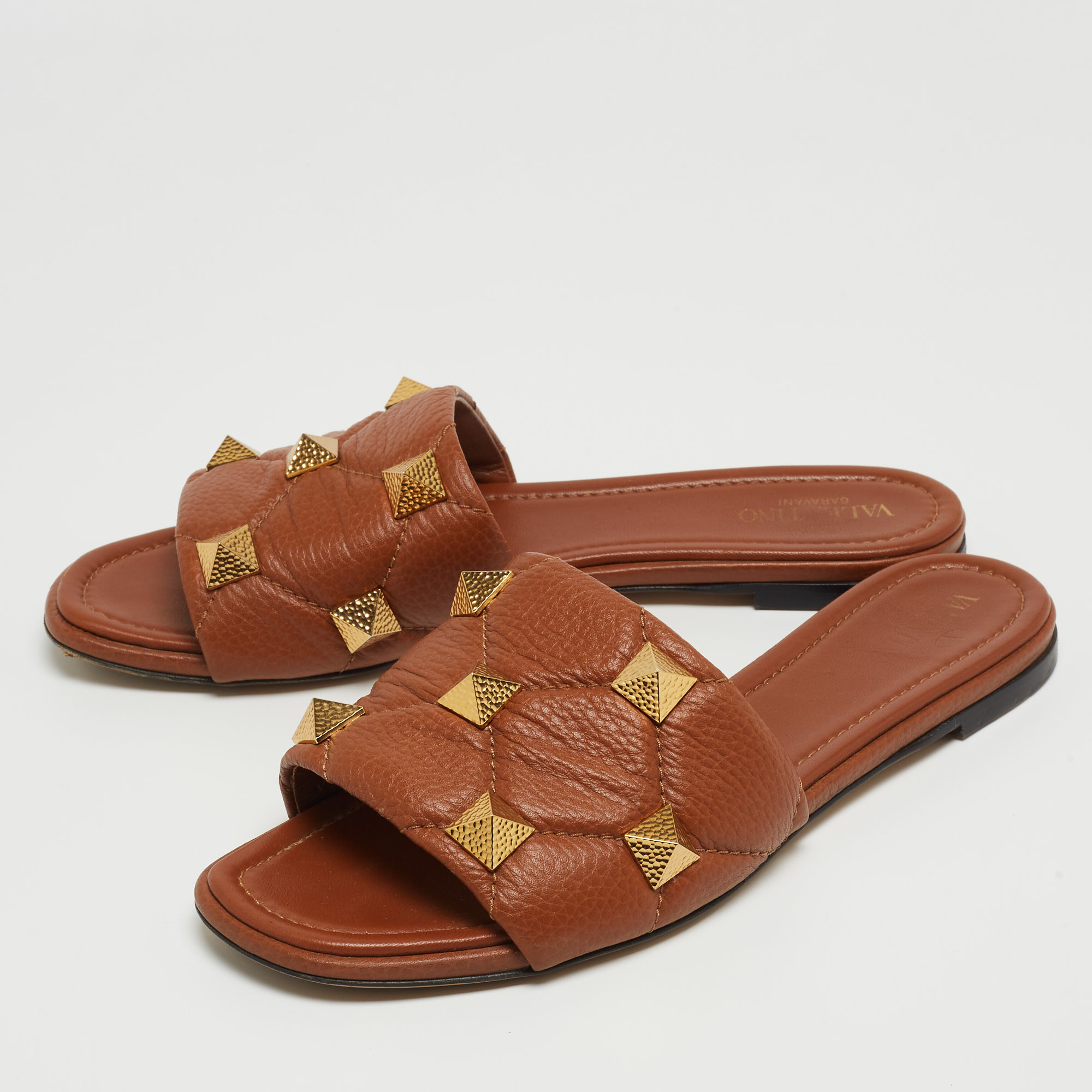 

Valentino Brown Leather Roman Stud Flat Slides Size