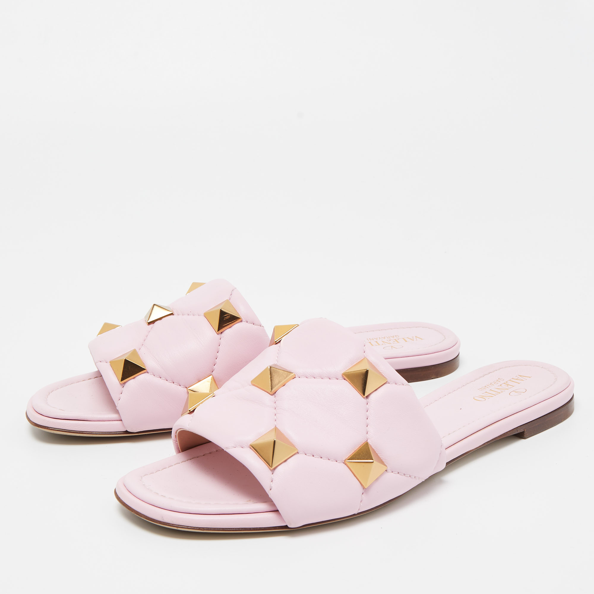 

Valentino Pink Leather Roman Stud Flat Slides Size
