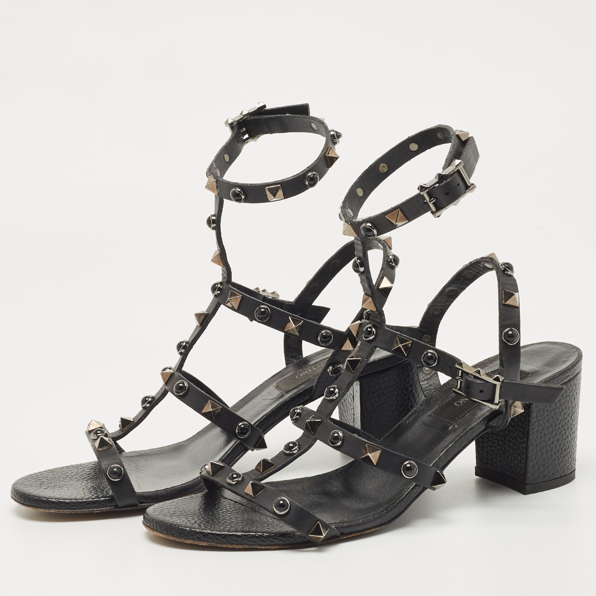 

Valentino Black Leather Rockstud Ankle Strap Sandals Size