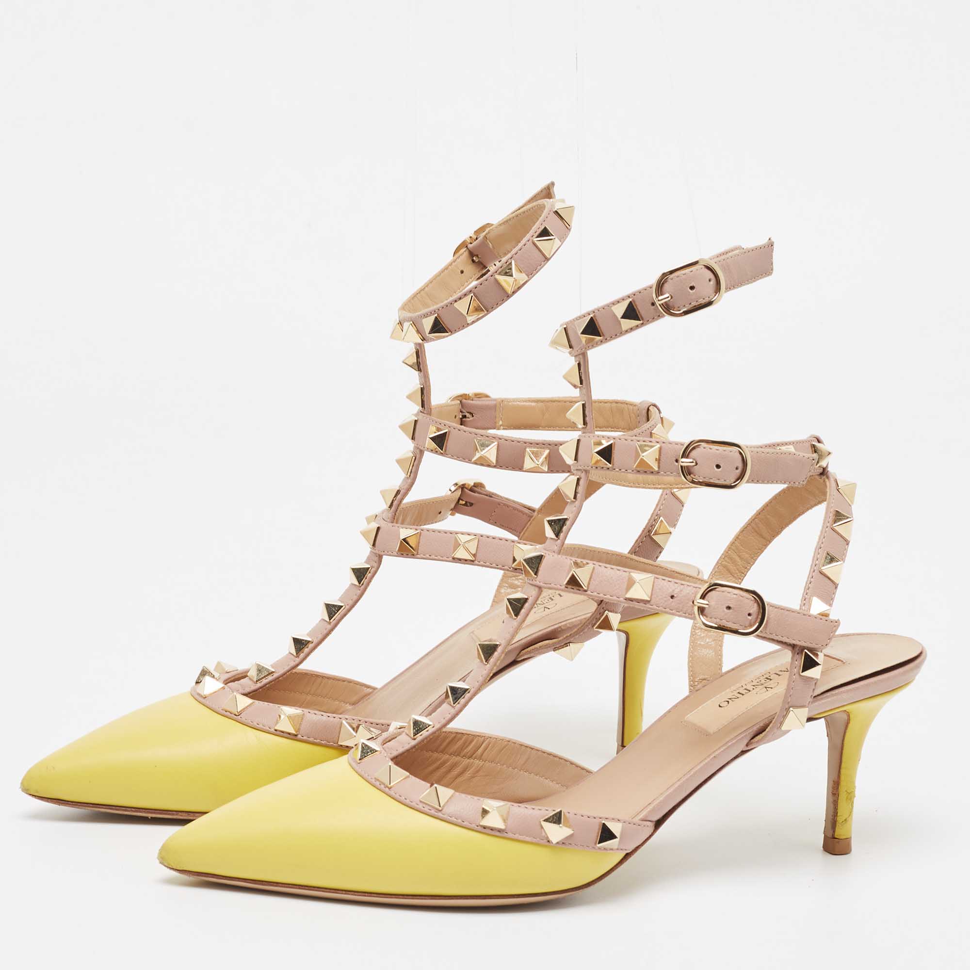 

Valentino Yellow/Pink Leather Rockstud Ankle Strap Pumps Size