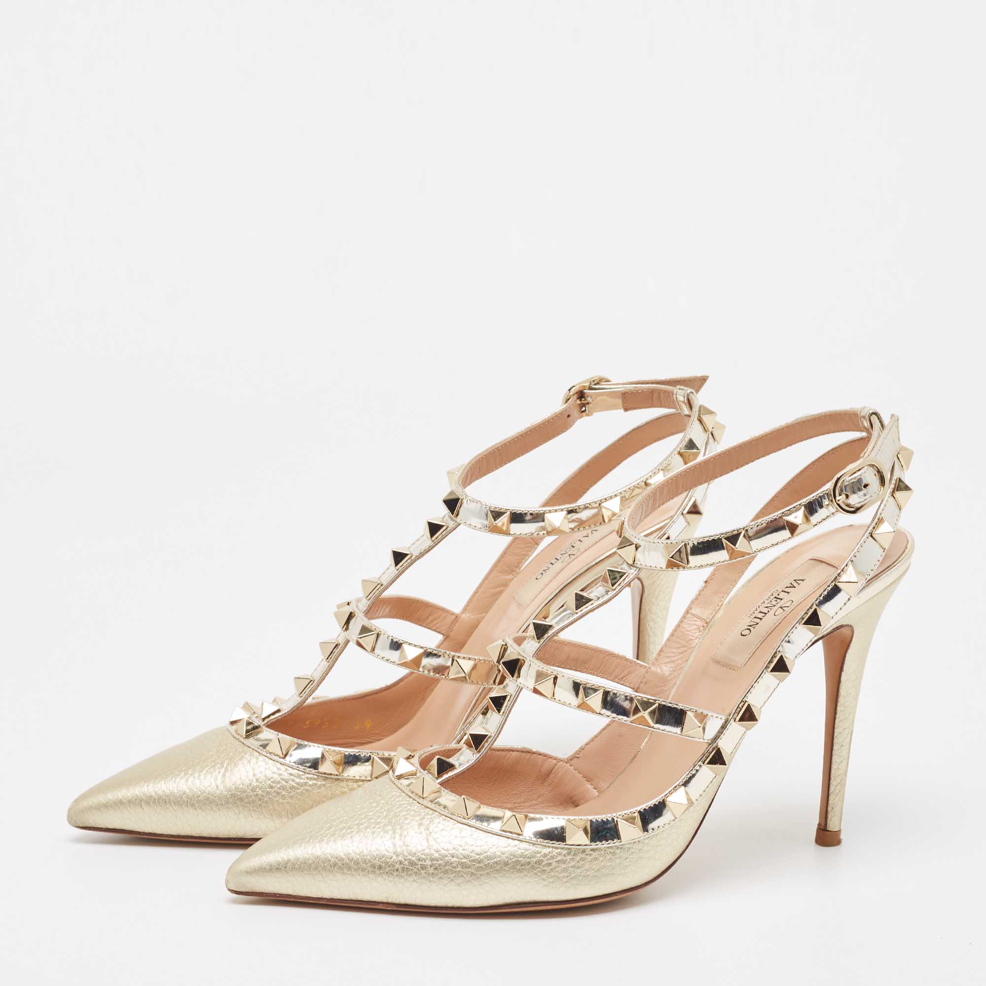

Valentino Gold Foil Leather Rockstud Strappy Pointed Toe Pumps Size