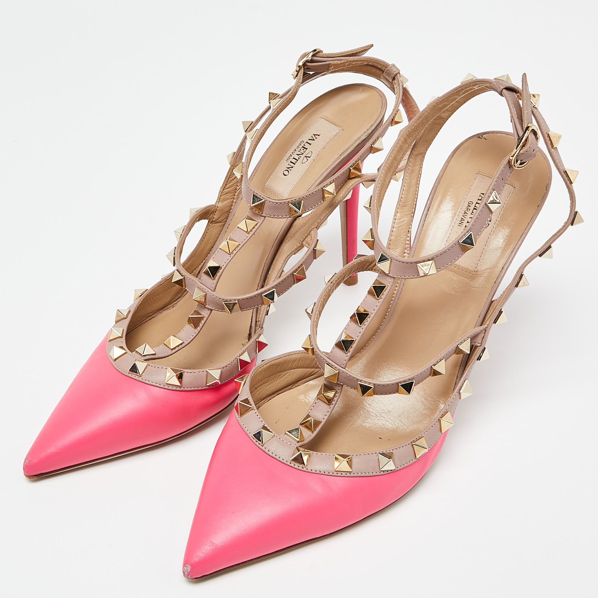 

Valentino Pink/Beige Leather Rockstud Ankle Strap Pumps Size