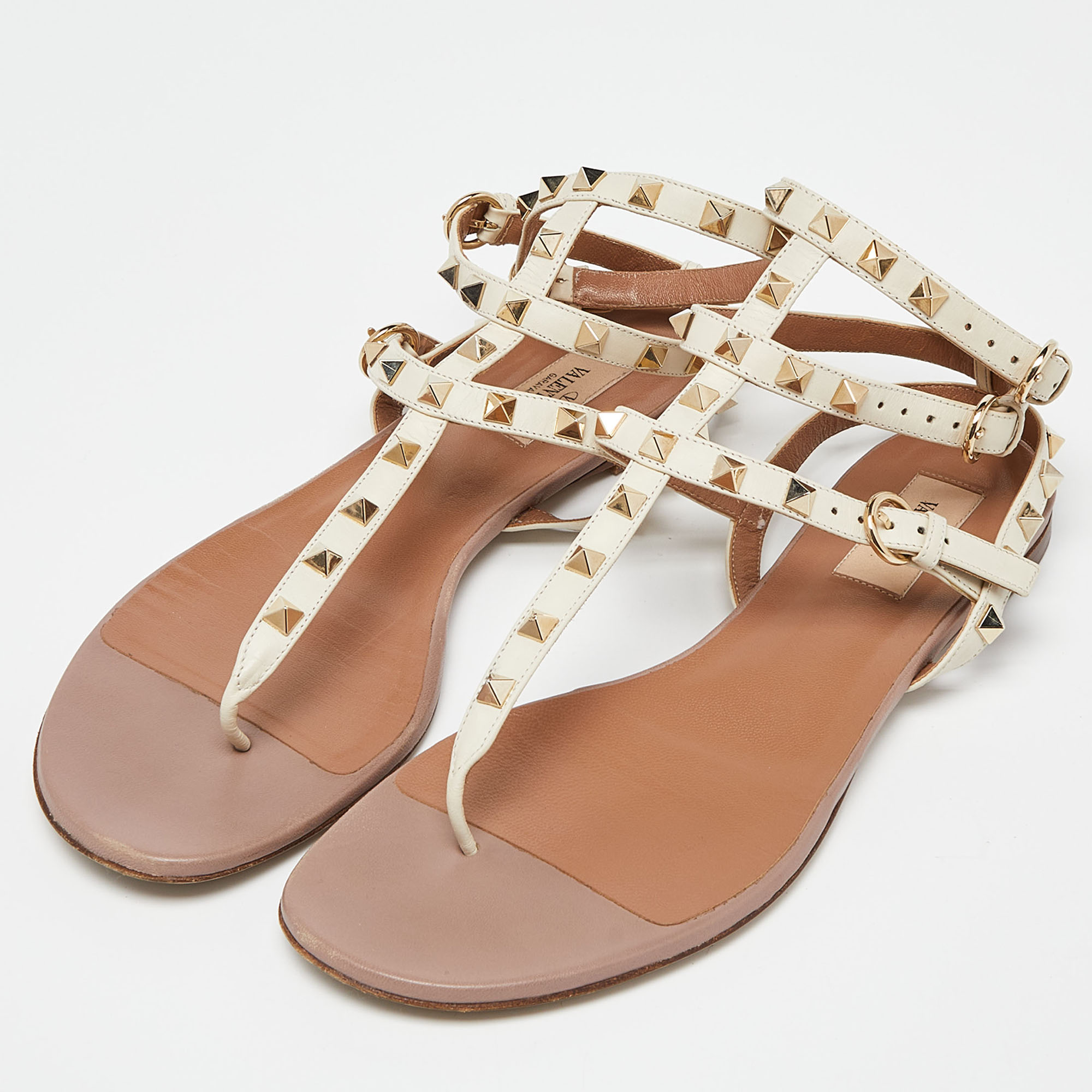 

Valentino Cream Leather Rockstud Ankle Strap Flat Sandals Size