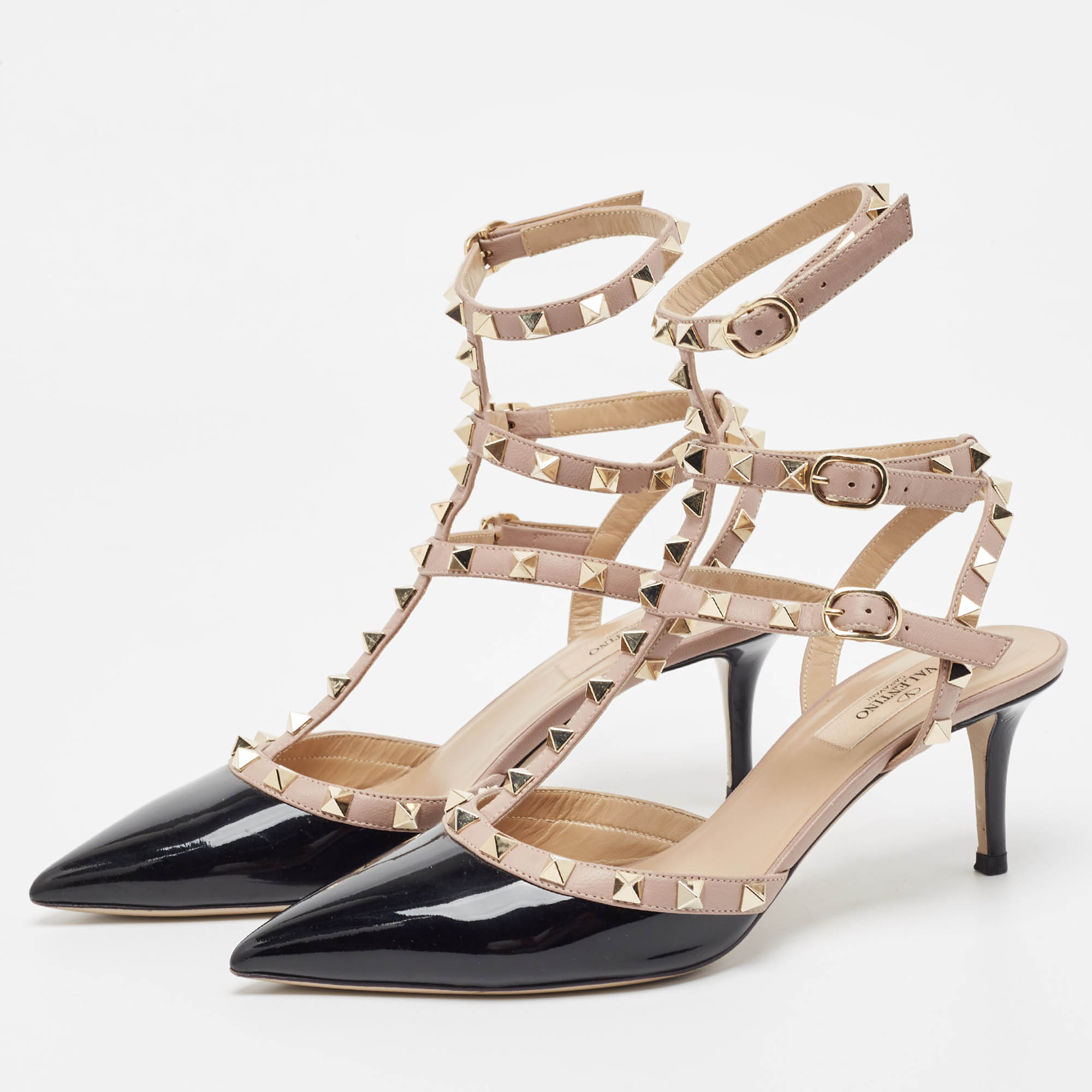 

Valentino Black/Pink Patent And Leather Rockstud Ankle Strap Pumps Size
