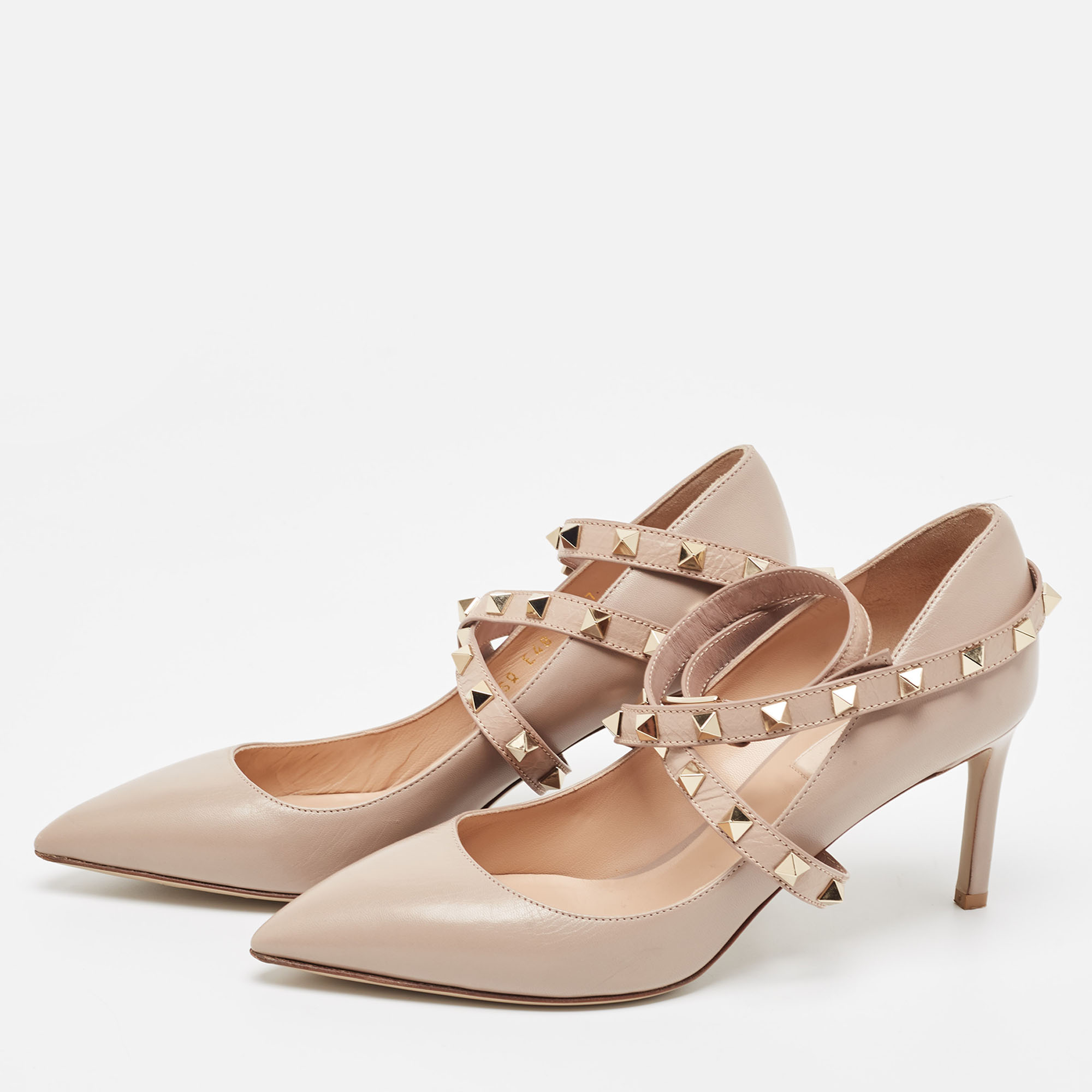 

Valentino Beige Leather Rockstud Pointed Toe Ankle Strap Pumps Size