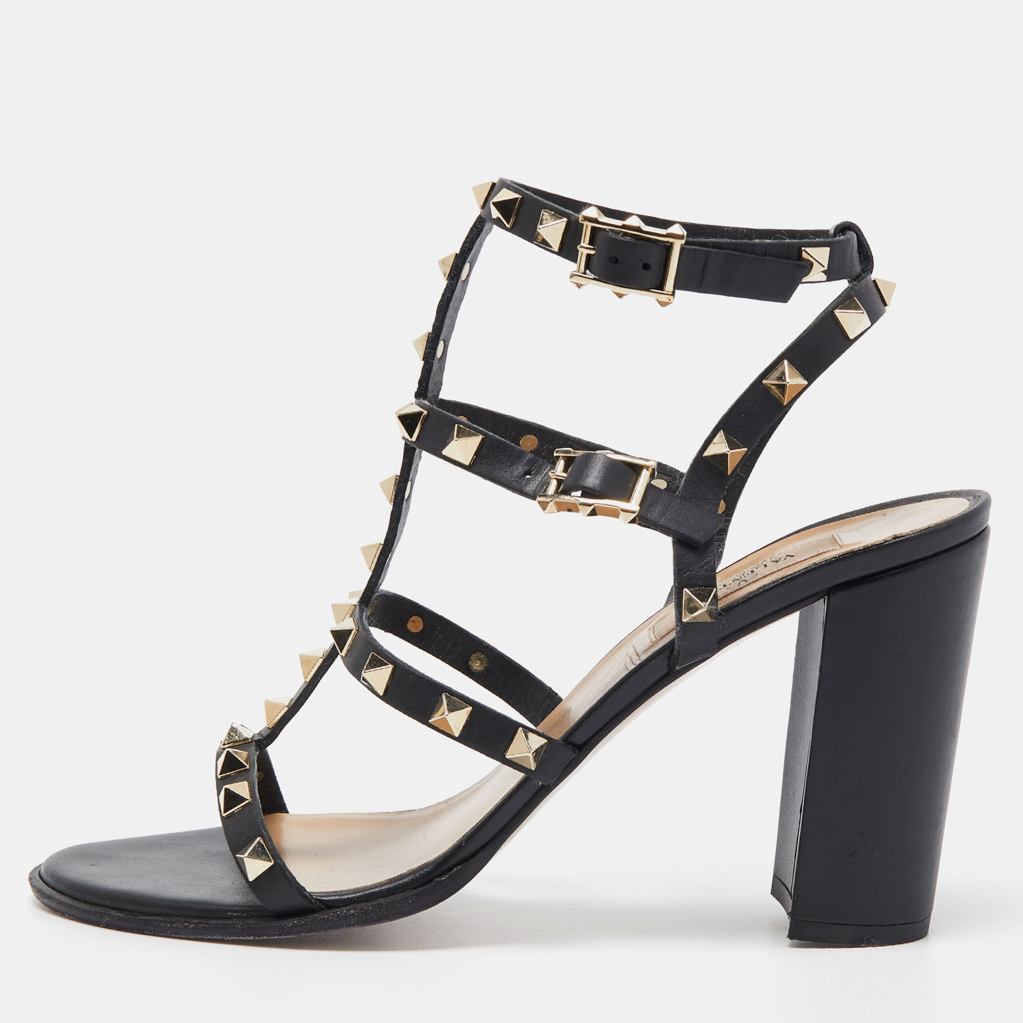 مملوكة مسبقًا Valentino Black Leather Rockstud  Strappy Block Heel Sandals Size 40