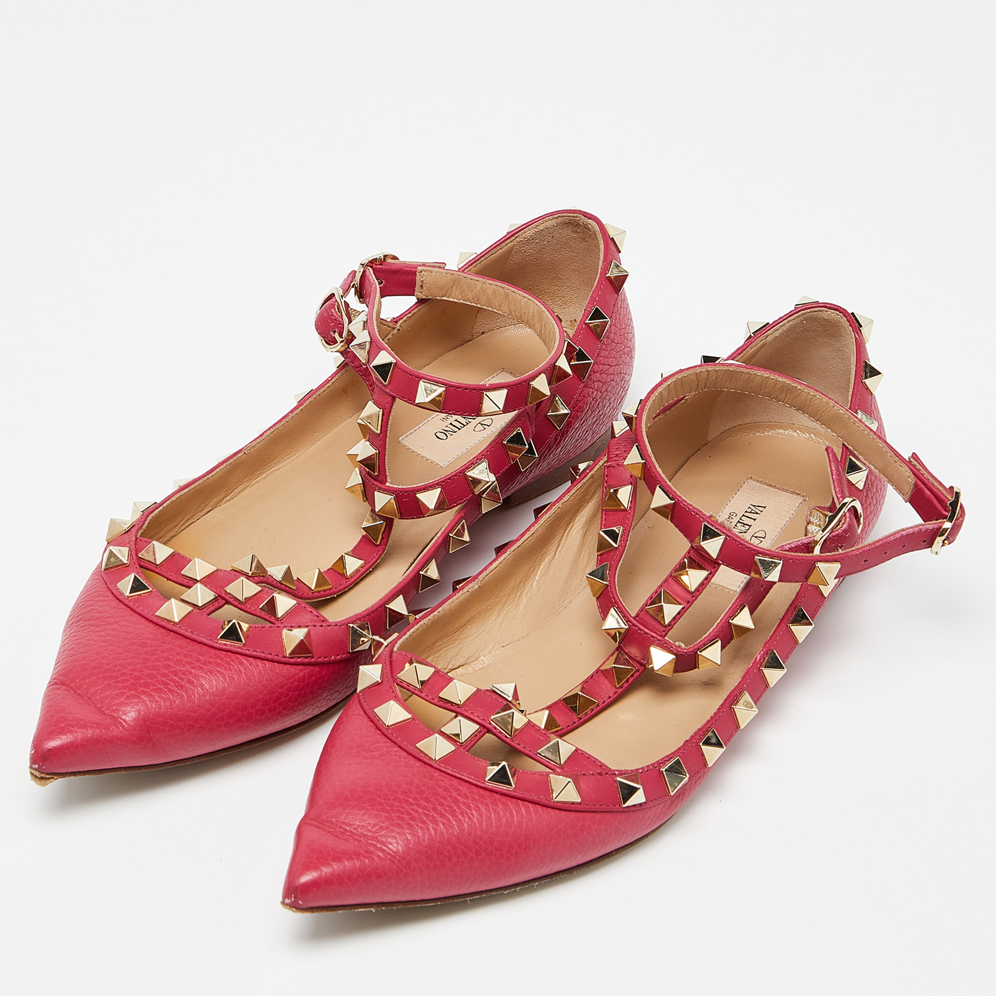 

Valentino Pink Leather Rockstud Ankle Strap Ballet Flats Size