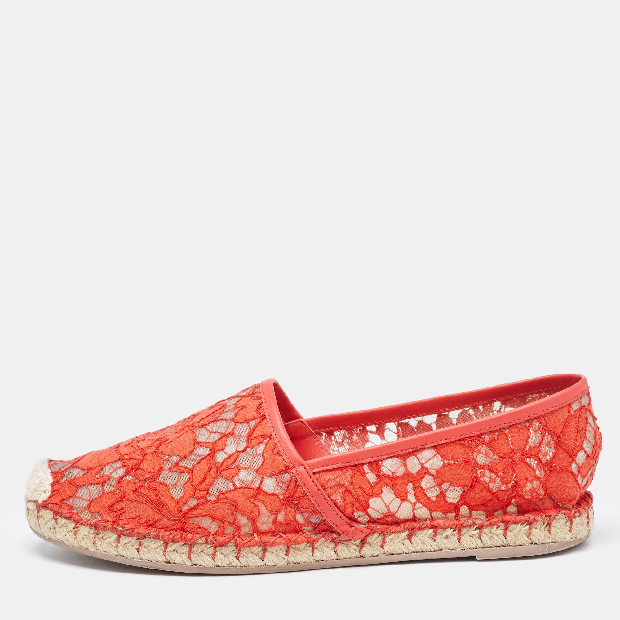 Pre-owned Valentino Garavani Red Lace And Leather Butterfly Espadrille Flats Size 39