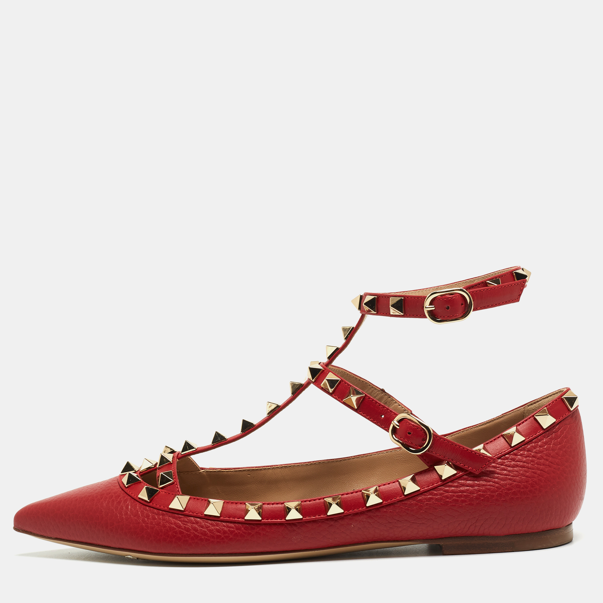 Pre-owned Valentino Garavani Red Leather Rockstud Ballet Flats Size 38