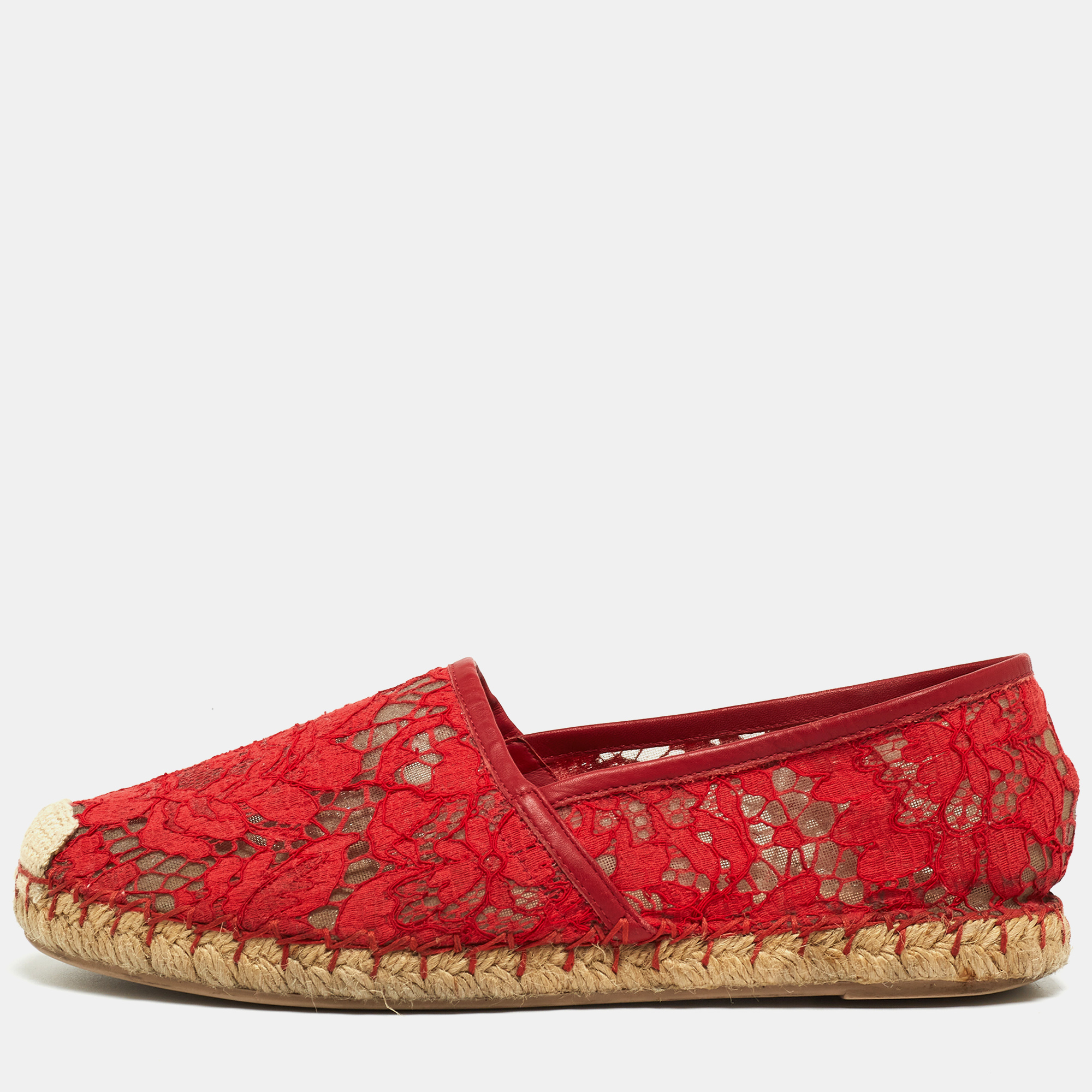 Pre-owned Valentino Garavani Red Lace Espadrille Flats Size 38