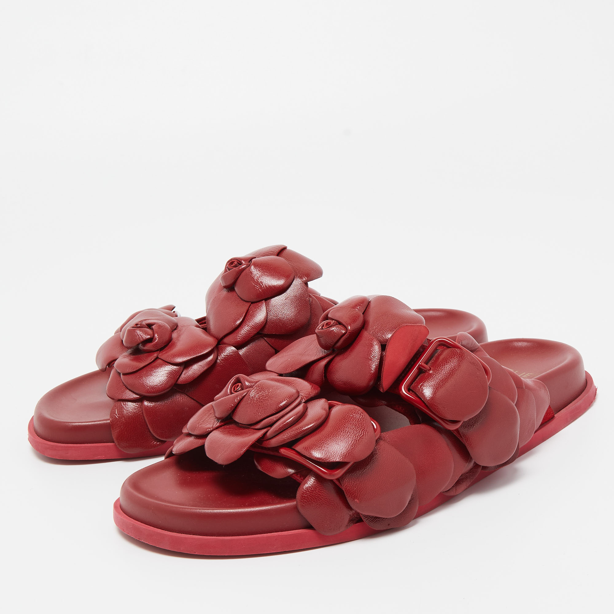 

Valentino Dark Red Leather Atelier 03 Rose Edition Slides Size