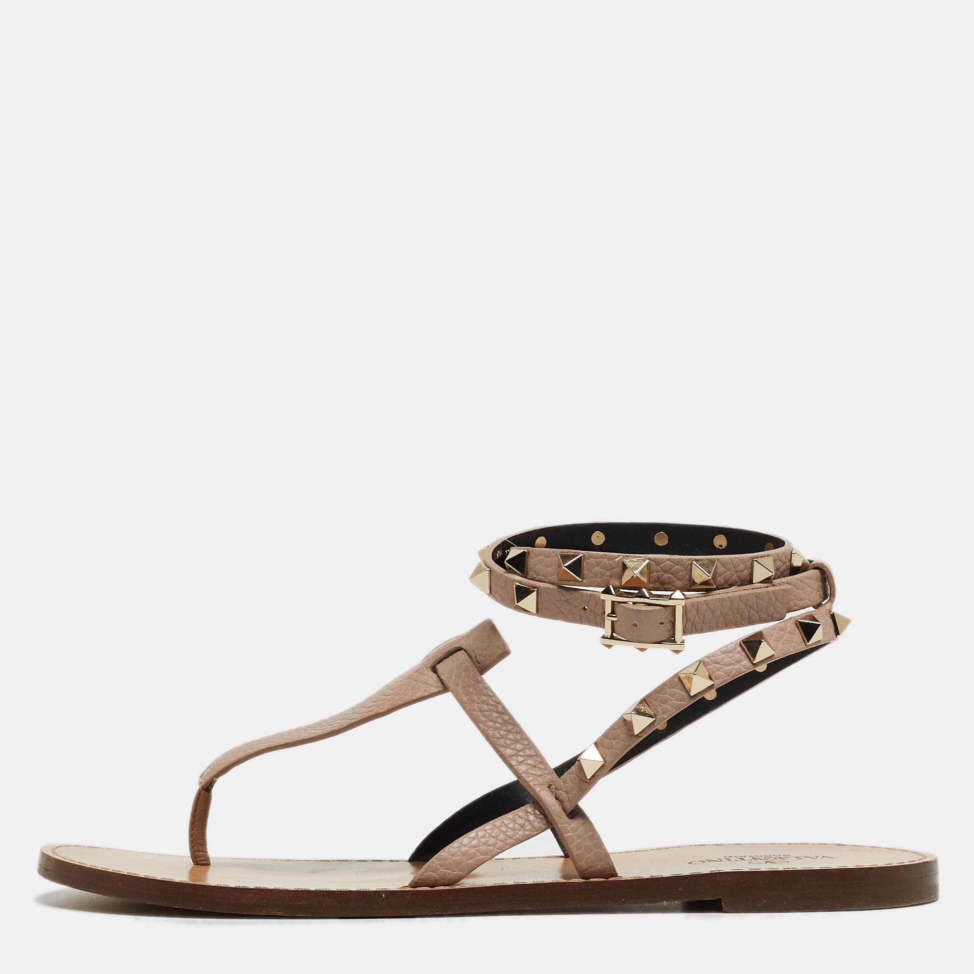 Pre Owned Valentino Dusty Pink Leather Rockstud Ankle Wrap Flat Sandals Size 39