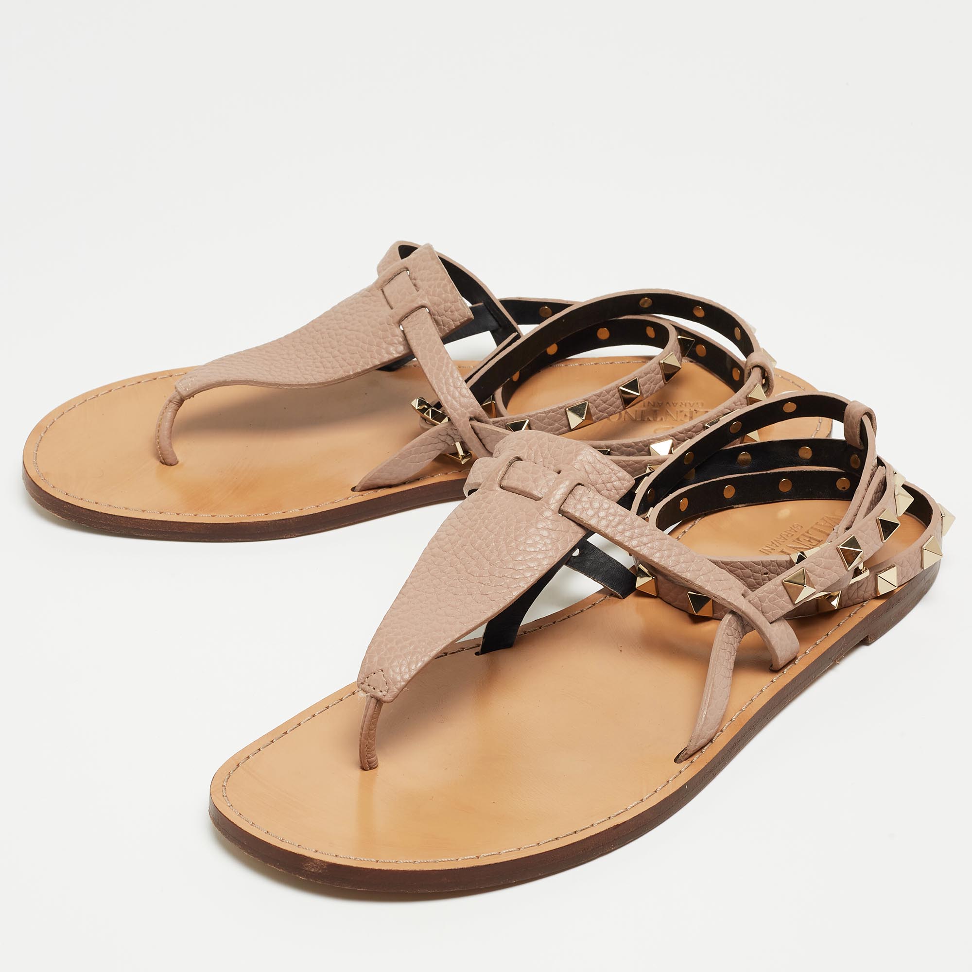 

Valentino Dusty Pink Leather Rockstud Ankle Wrap Flat Sandals Size