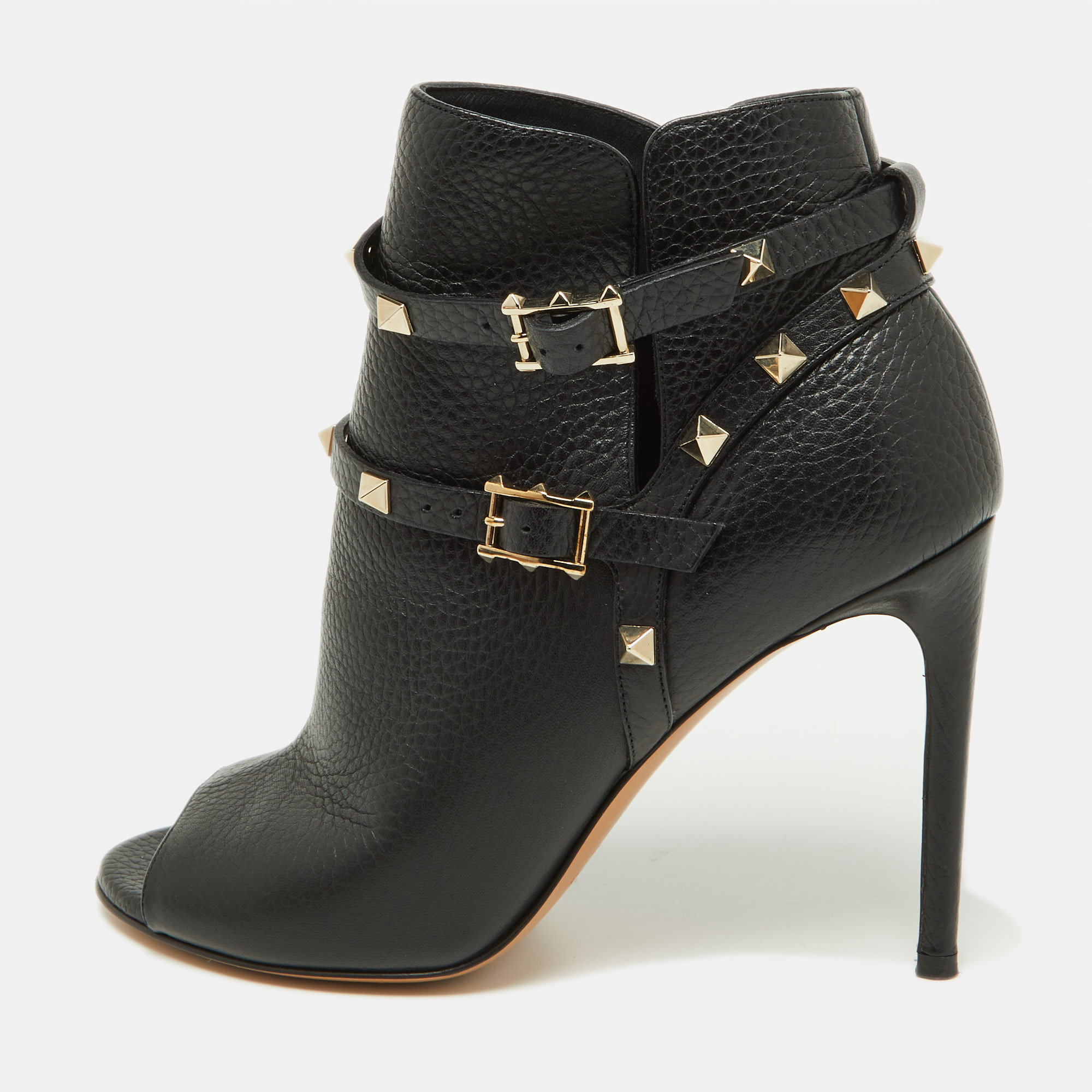 Pre-owned Valentino Garavani Black Leather Rockstud Open Toe Ankle Boots Size 38