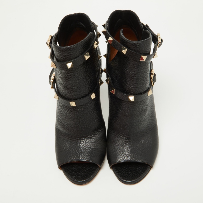 

Valentino Black Leather Rockstud Open Toe Ankle Boots Size